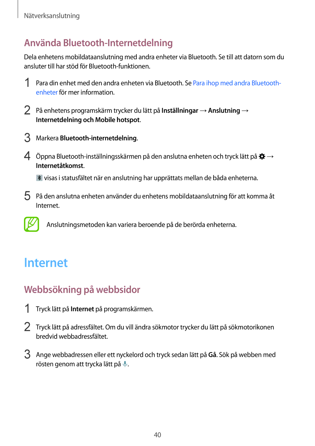 Samsung SM-T805NTSANEE, SM-T805NTSENEE, SM-T805NLSANEE manual Använda Bluetooth-Internetdelning, Webbsökning på webbsidor 