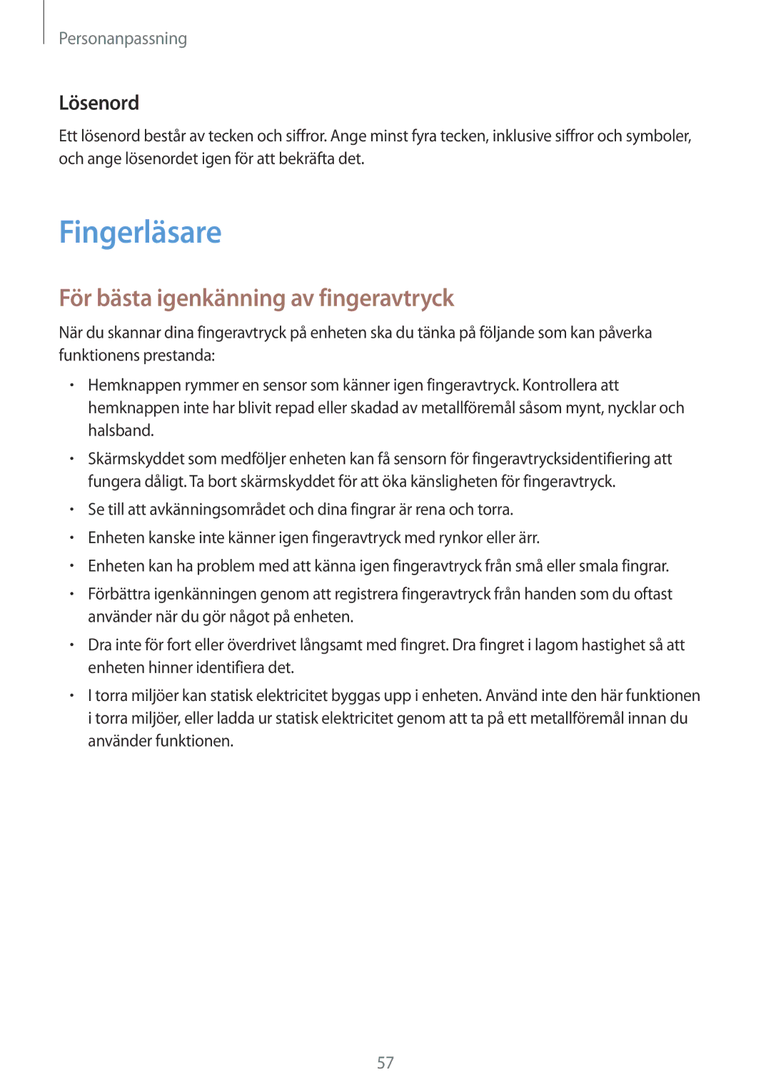 Samsung SM-T805NLSANEE, SM-T805NTSANEE, SM-T805NTSENEE manual Fingerläsare, För bästa igenkänning av fingeravtryck, Lösenord 