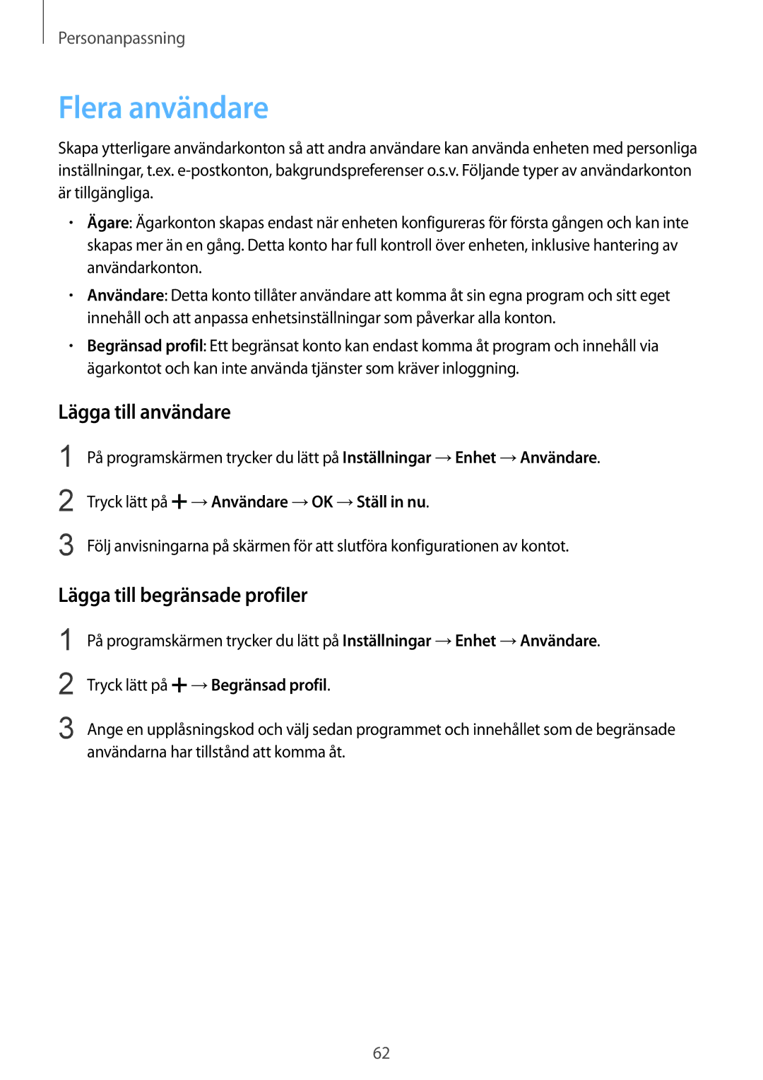 Samsung SM-T805NLSANEE, SM-T805NTSANEE manual Flera användare, Lägga till användare, Lägga till begränsade profiler 