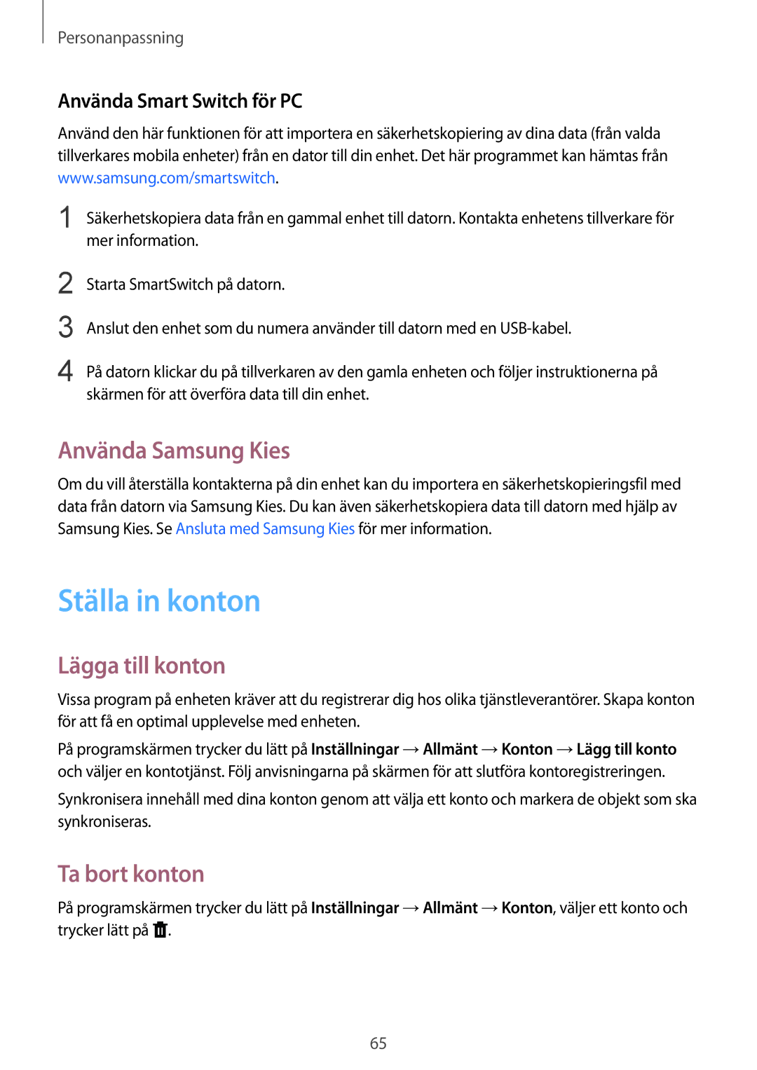 Samsung SM-T805NTSANEE, SM-T805NTSENEE manual Ställa in konton, Använda Samsung Kies, Lägga till konton, Ta bort konton 