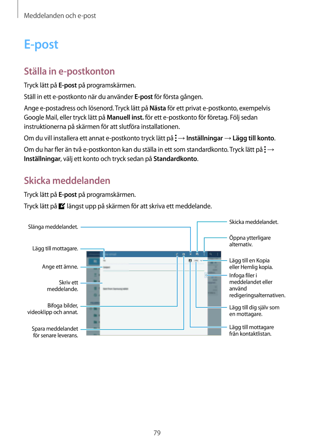 Samsung SM-T805NHAANEE, SM-T805NTSANEE, SM-T805NTSENEE, SM-T805NLSANEE, SM-T805NZWANEE manual Post, Ställa in e-postkonton 