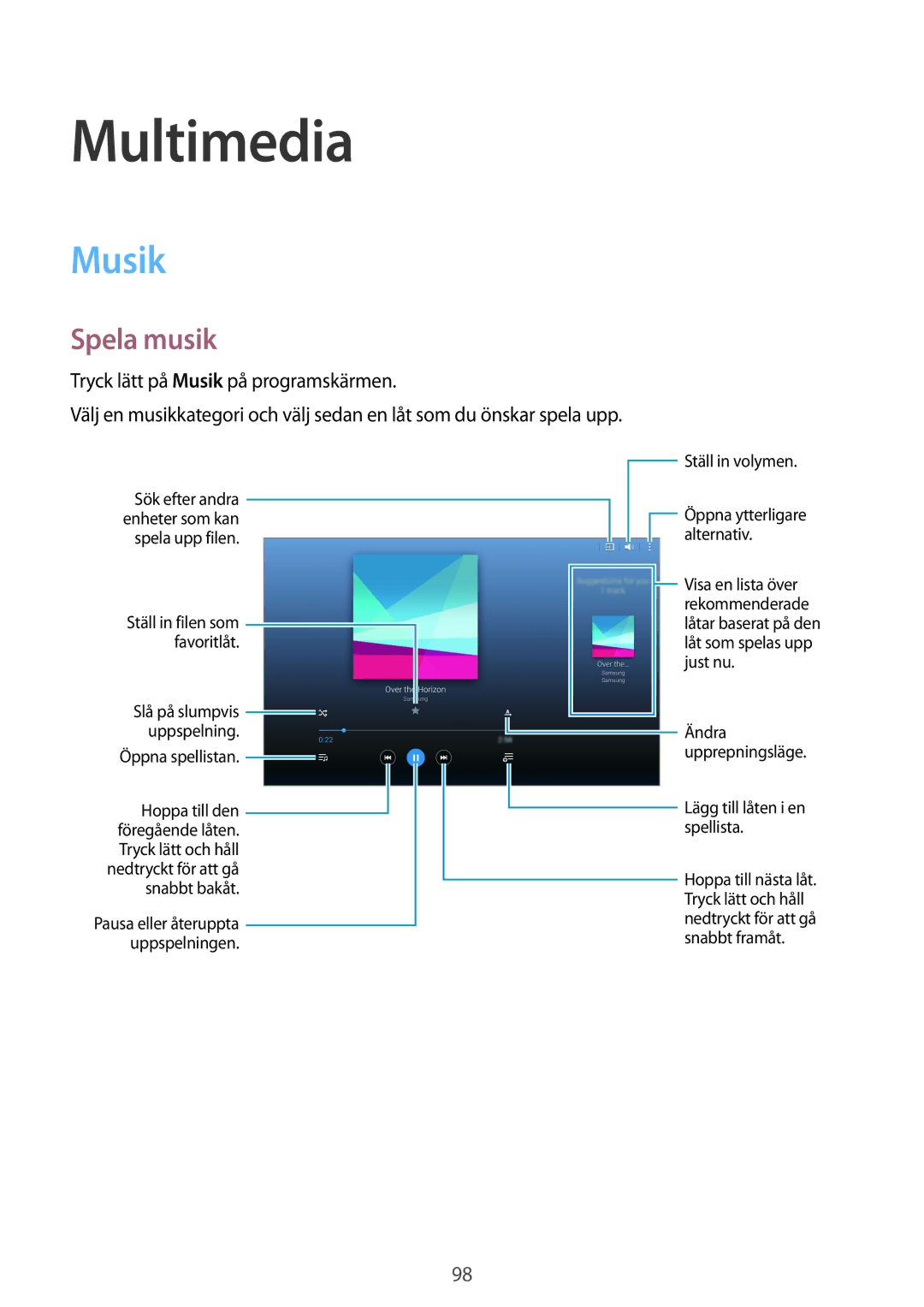 Samsung SM-T805NZWANEE, SM-T805NTSANEE, SM-T805NTSENEE, SM-T805NLSANEE, SM-T805NHAANEE manual Multimedia, Musik, Spela musik 