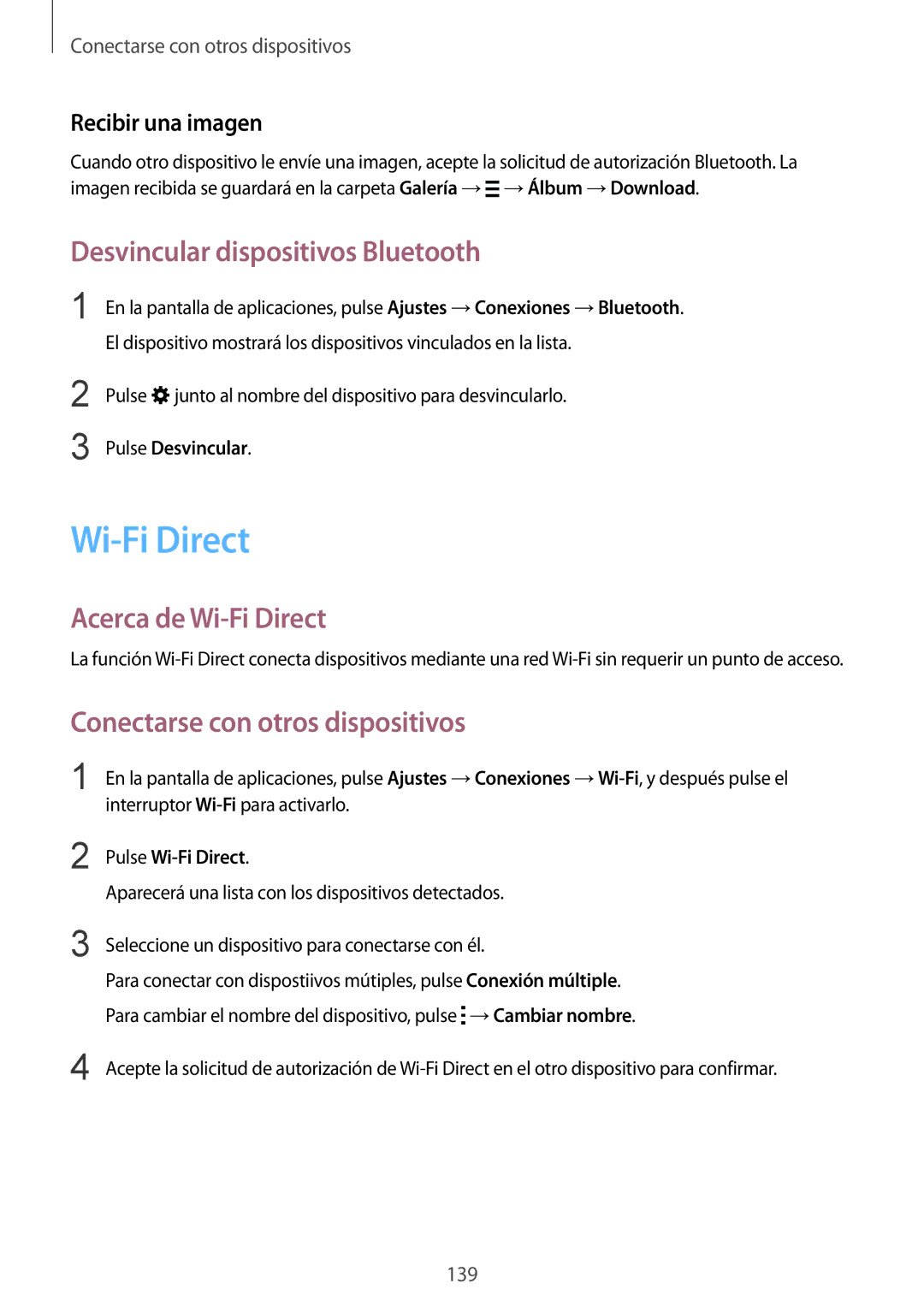 Samsung SM-T805NZWAXFV Desvincular dispositivos Bluetooth, Acerca de Wi-Fi Direct, Conectarse con otros dispositivos 