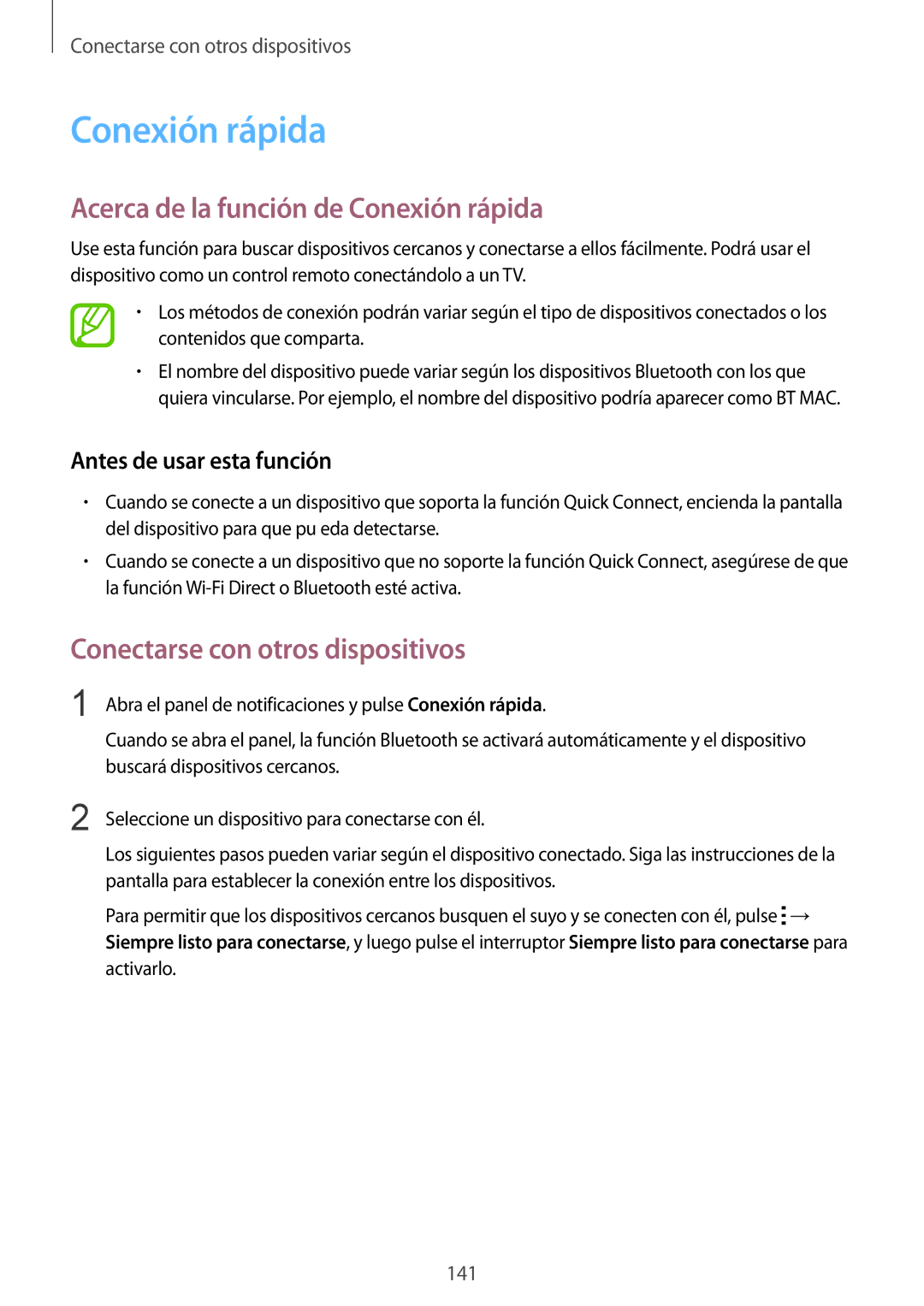 Samsung SM-T805NZWATPH, SM-T805NTSATPH manual Acerca de la función de Conexión rápida, Antes de usar esta función 