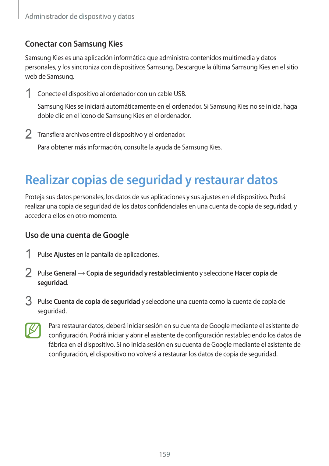 Samsung SM-T805NTSAPHE manual Realizar copias de seguridad y restaurar datos, Conectar con Samsung Kies, Seguridad 