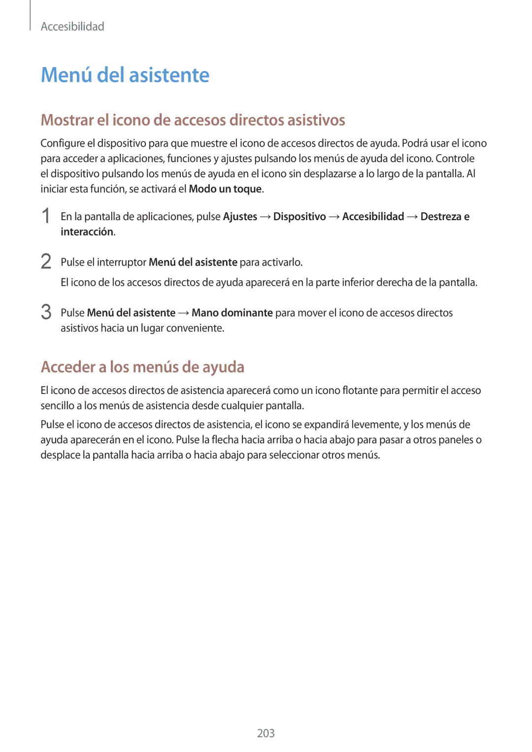 Samsung SM-T805NTSATPH Menú del asistente, Mostrar el icono de accesos directos asistivos, Acceder a los menús de ayuda 