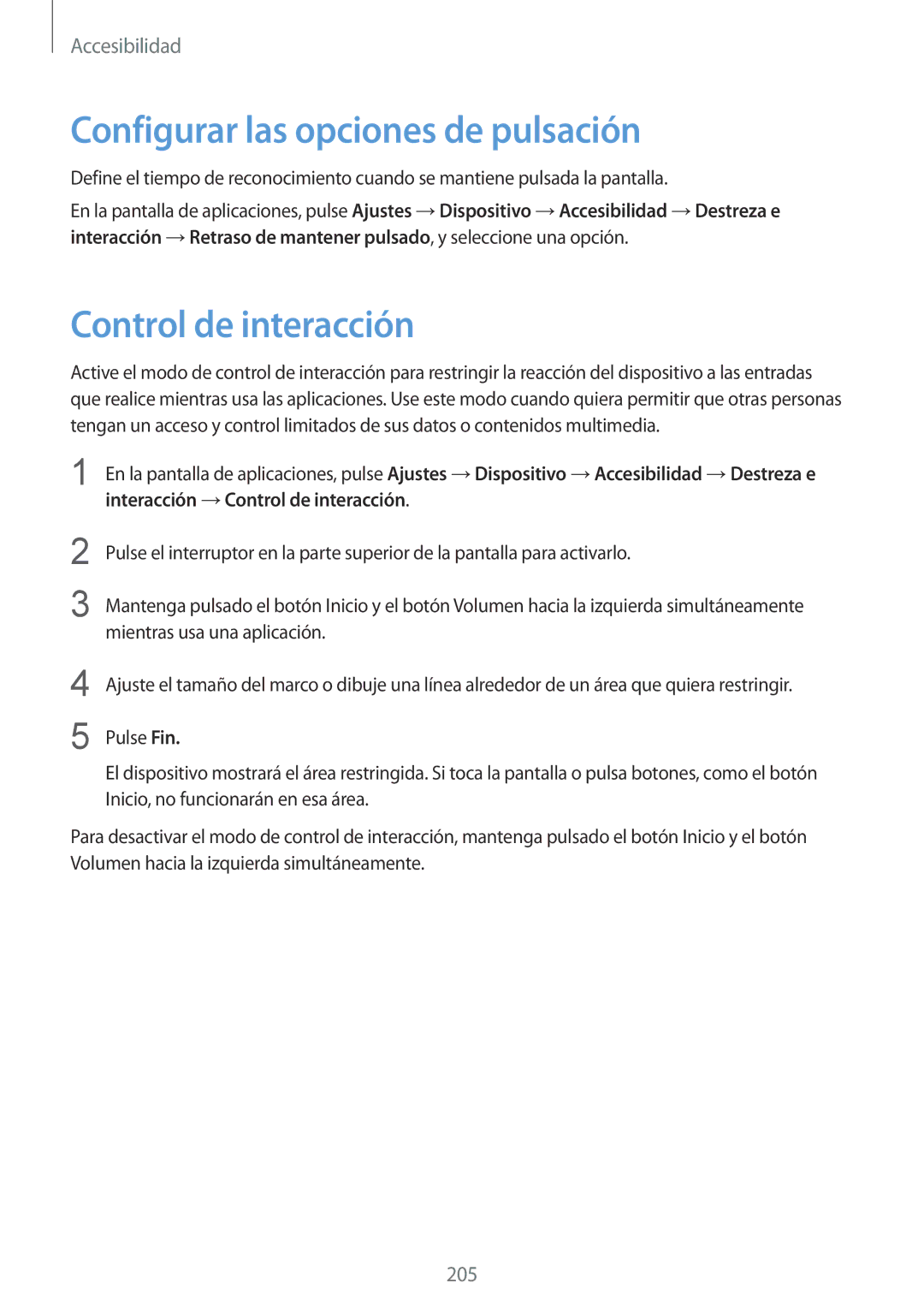 Samsung SM-T805NTSAITV, SM-T805NTSATPH, SM-T805NZWATPH manual Configurar las opciones de pulsación, Control de interacción 