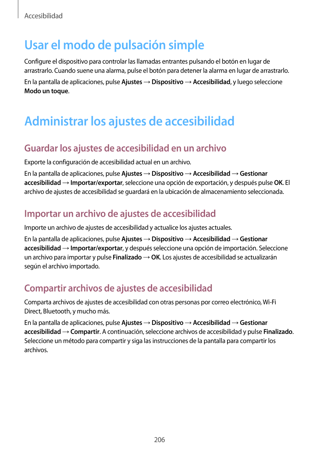 Samsung SM-T805NZWAPHE, SM-T805NTSATPH manual Usar el modo de pulsación simple, Administrar los ajustes de accesibilidad 