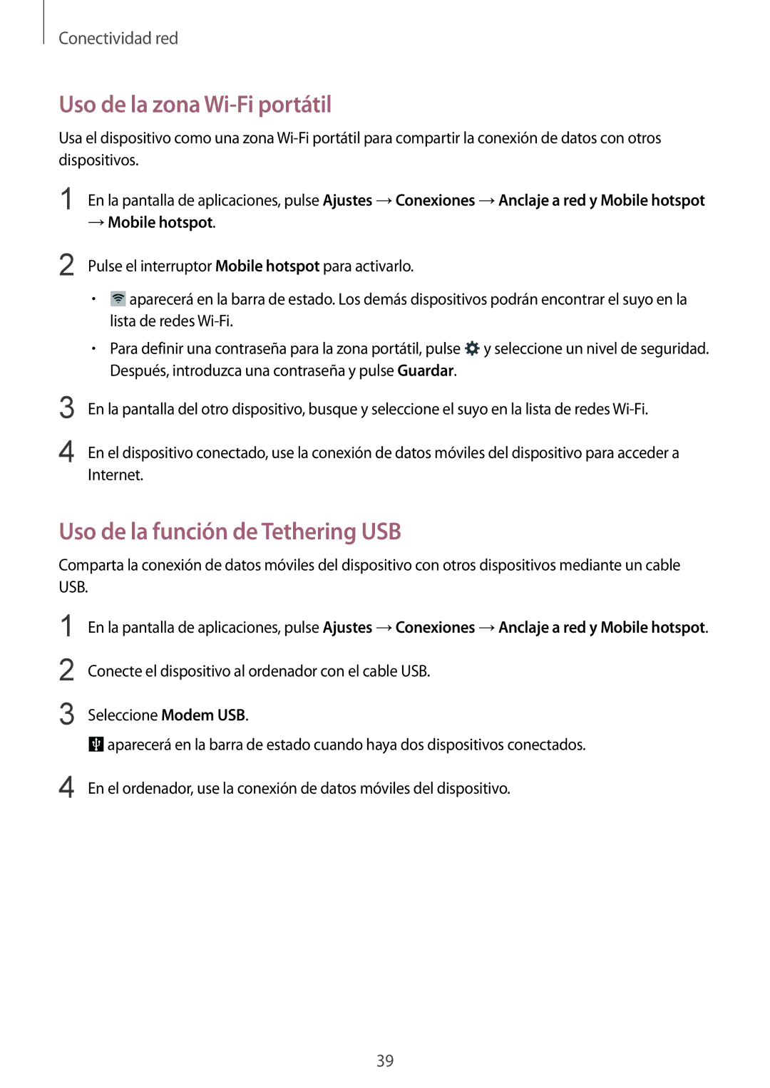 Samsung SM-T805NTSAXEC, SM-T805NTSATPH, SM-T805NZWATPH Uso de la zona Wi-Fi portátil, Uso de la función de Tethering USB 