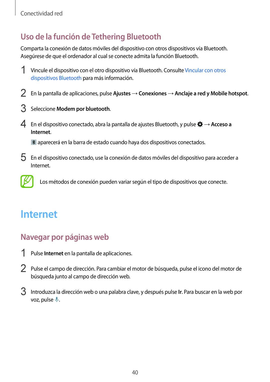 Samsung SM-T805NTSAPHE, SM-T805NTSATPH manual Internet, Uso de la función de Tethering Bluetooth, Navegar por páginas web 