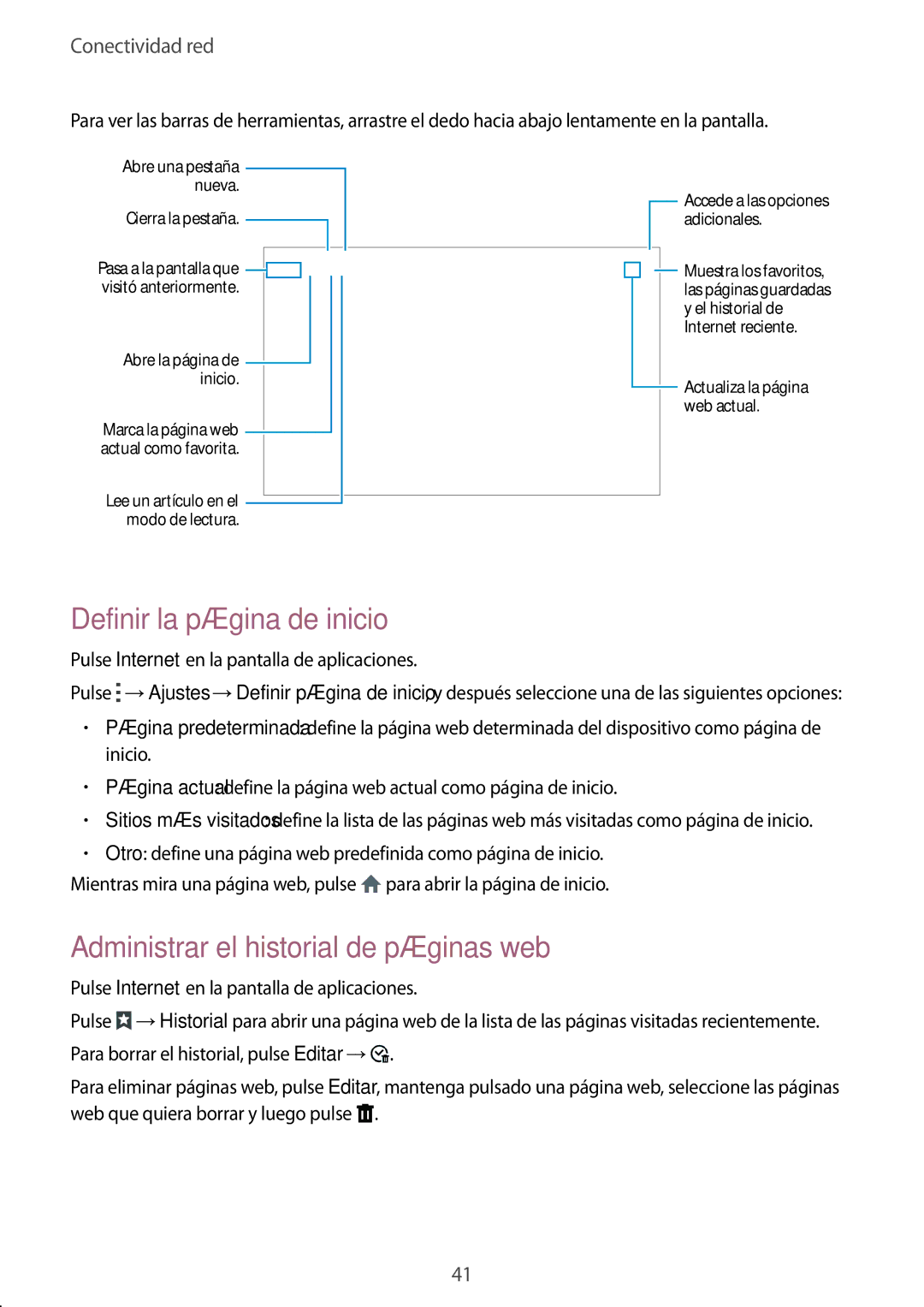 Samsung SM-T805NZWAXFV, SM-T805NTSATPH, SM-T805NZWATPH Definir la página de inicio, Administrar el historial de páginas web 