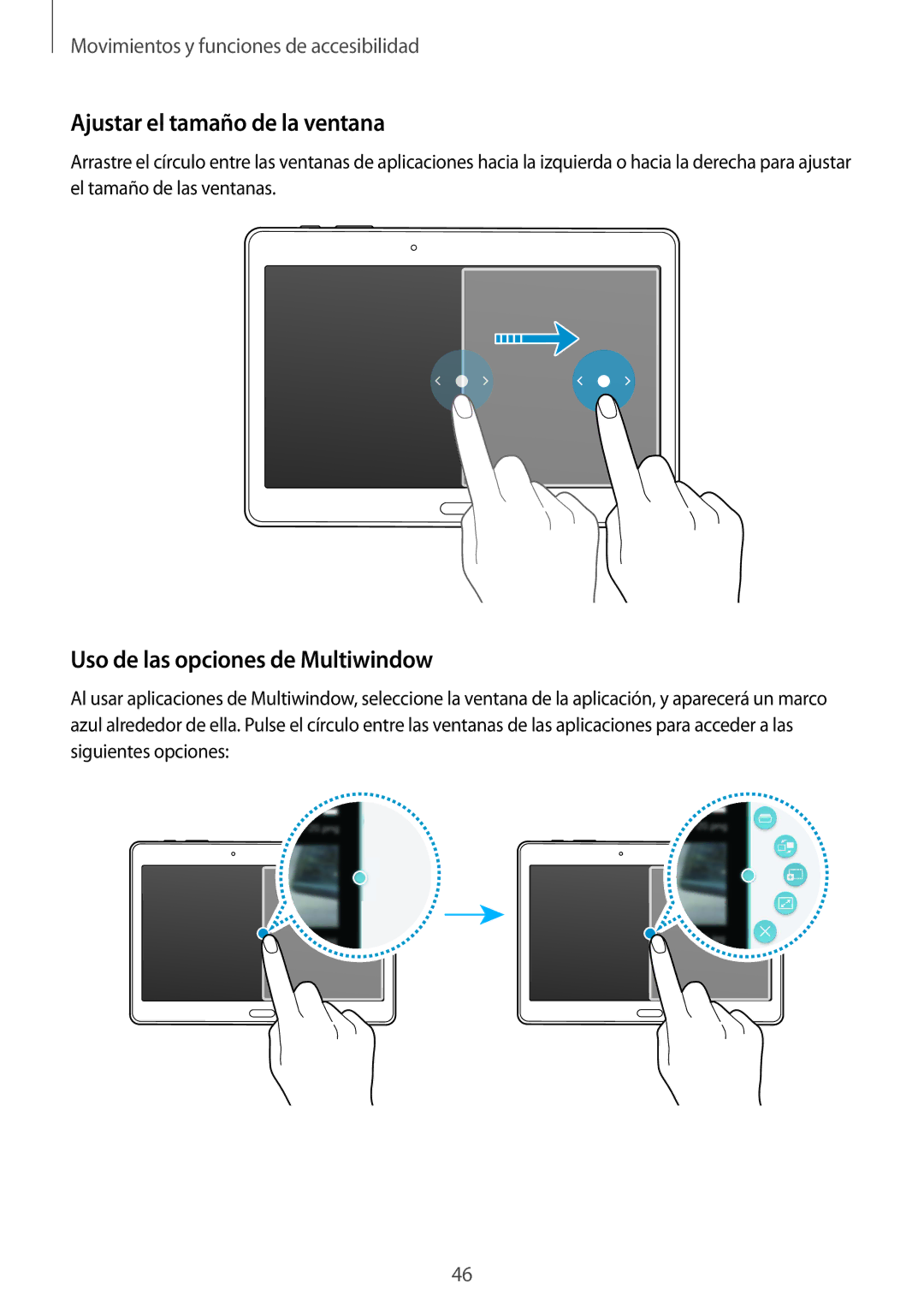 Samsung SM-T805NTSAXEC, SM-T805NTSATPH, SM-T805NZWATPH Ajustar el tamaño de la ventana, Uso de las opciones de Multiwindow 