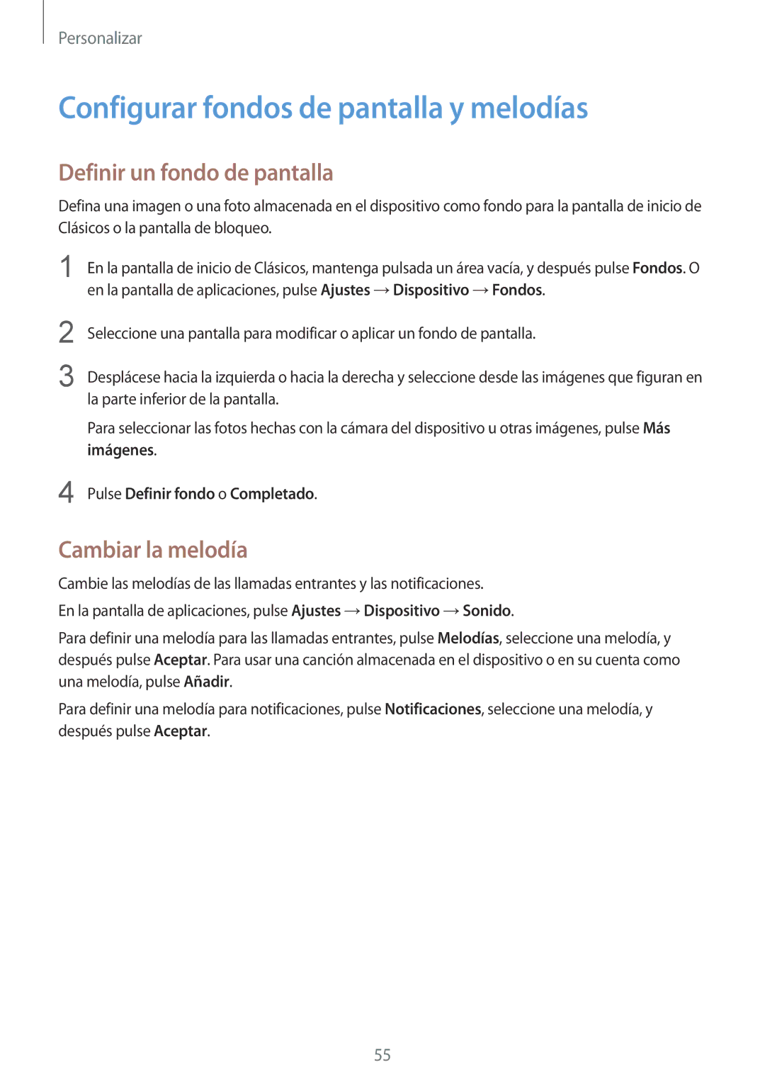 Samsung SM-T805NZWAXFV manual Configurar fondos de pantalla y melodías, Definir un fondo de pantalla, Cambiar la melodía 