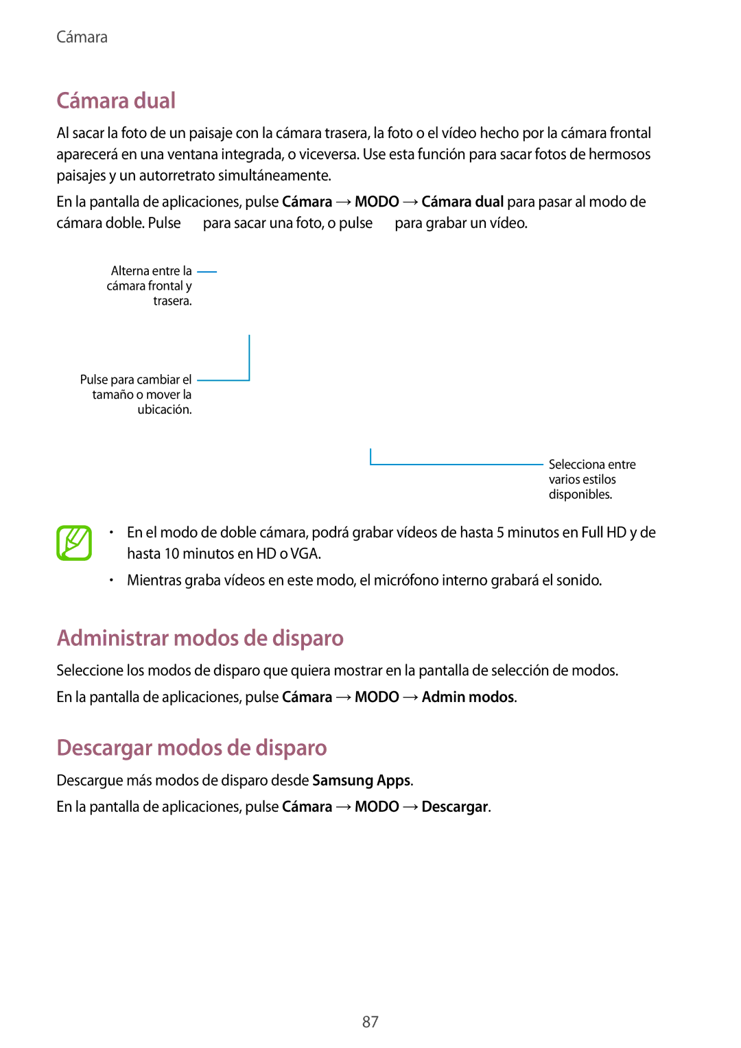 Samsung SM-T805NZWAPHE, SM-T805NTSATPH manual Cámara dual, Administrar modos de disparo, Descargar modos de disparo 