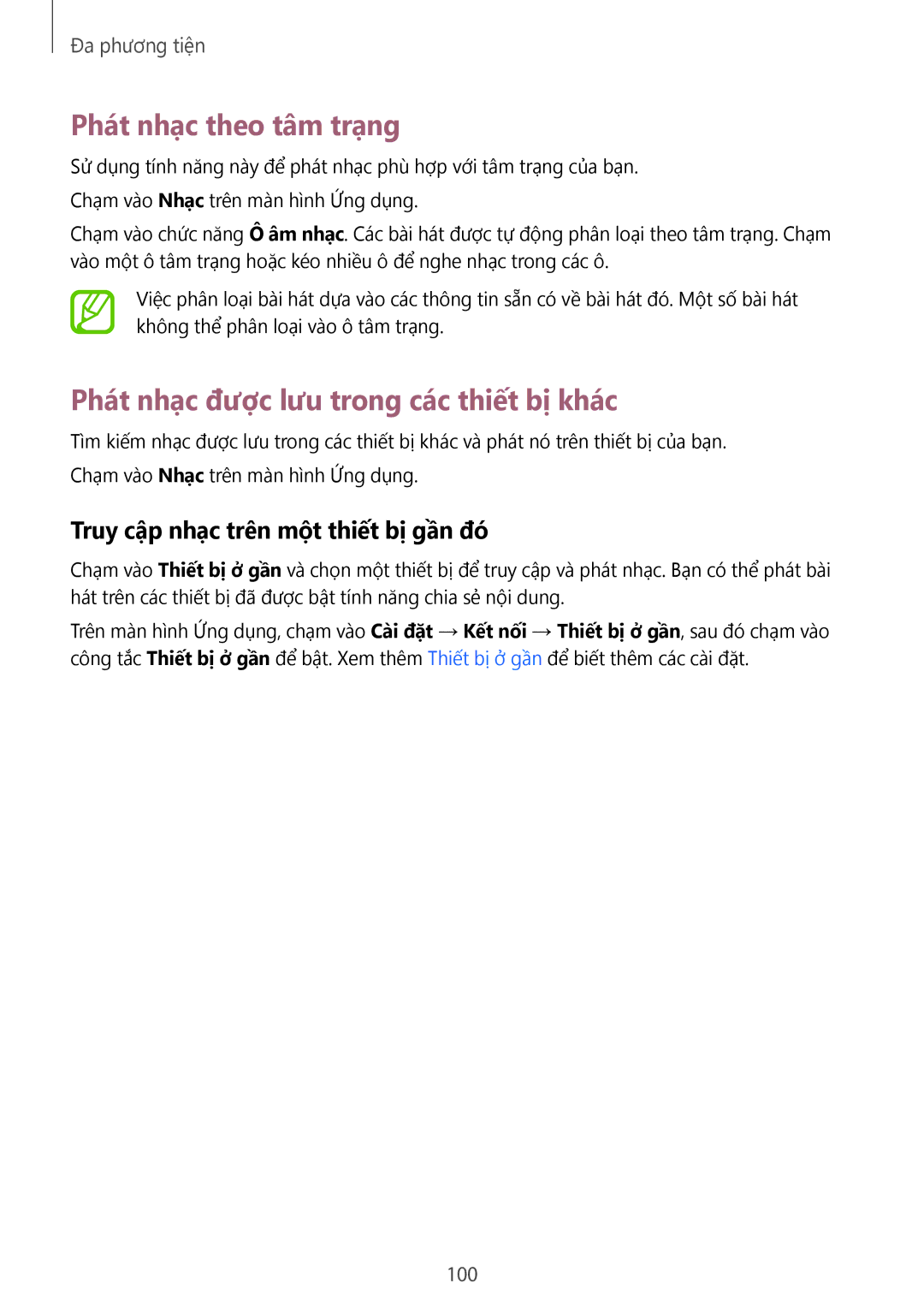 Samsung SM-T805NTSAXXV, SM-T805NZWAXXV manual Phát nhạc theo tâm trạng, Phát nhạc được lưu trong các thiết bị khác, 100 