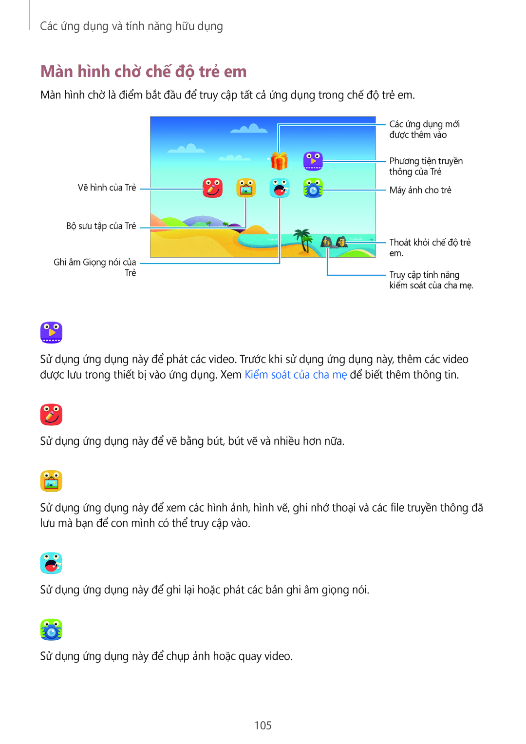 Samsung SM-T805NZWAXXV, SM-T805NTSAXXV manual Màn hình chờ̀ chế độ trẻ em, 105 