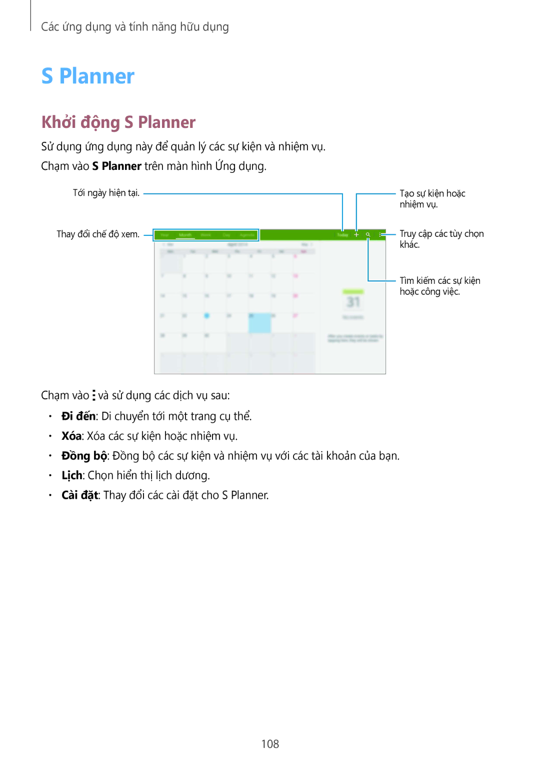 Samsung SM-T805NTSAXXV, SM-T805NZWAXXV manual Khởi động S Planner, 108 