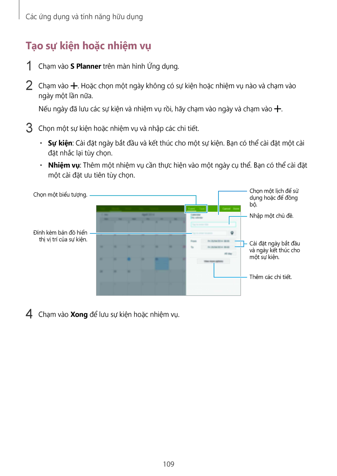 Samsung SM-T805NZWAXXV, SM-T805NTSAXXV manual Tạo sự kiện hoặc nhiệm vụ, 109 