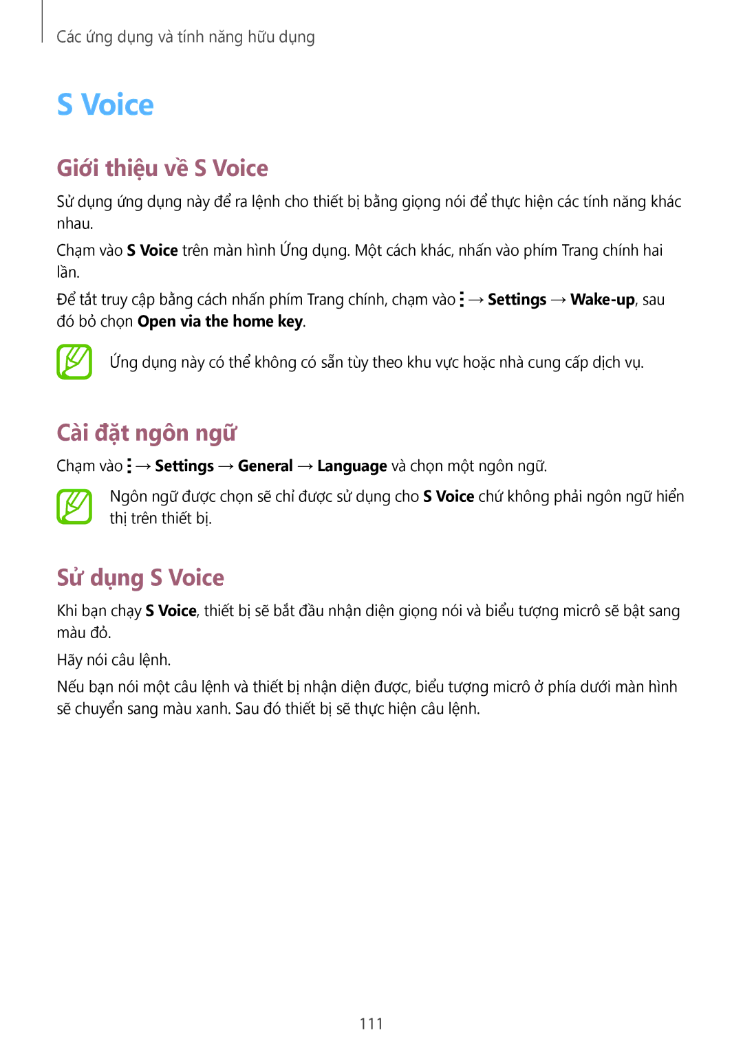 Samsung SM-T805NZWAXXV, SM-T805NTSAXXV manual Giới thiệu về S Voice, Cài đặt ngôn ngữ, Sử dụng S Voice, 111 