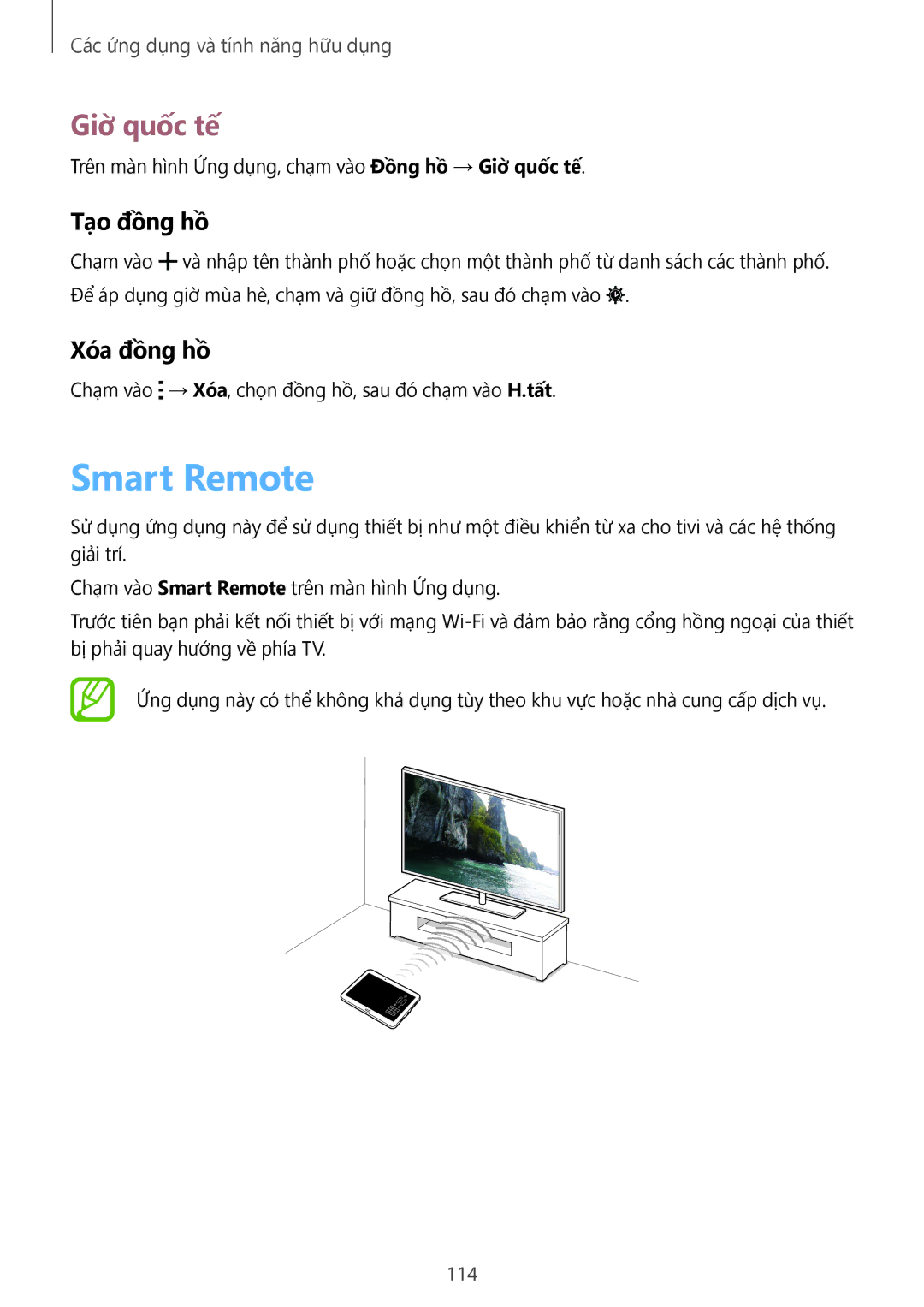 Samsung SM-T805NTSAXXV, SM-T805NZWAXXV manual Smart Remote, Giờ̀ quốc tế, Tạo đồng hồ, Xóa đồng hồ, 114 