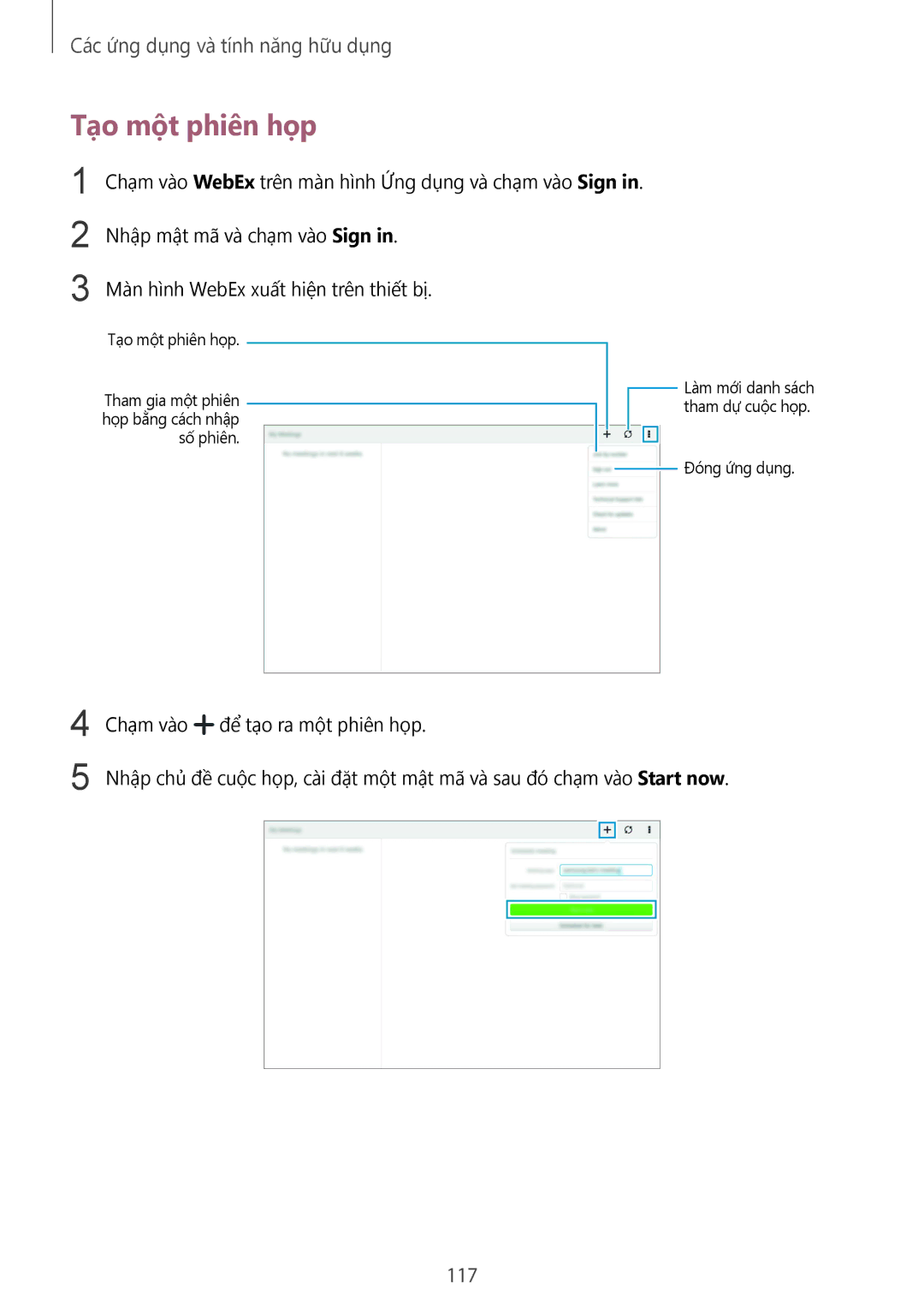 Samsung SM-T805NZWAXXV, SM-T805NTSAXXV manual Tạo một phiên họp, 117 