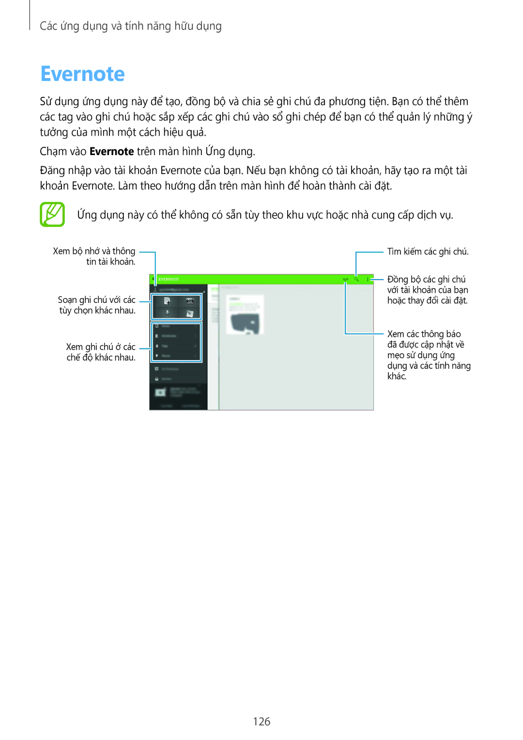 Samsung SM-T805NTSAXXV, SM-T805NZWAXXV manual Evernote, 126 