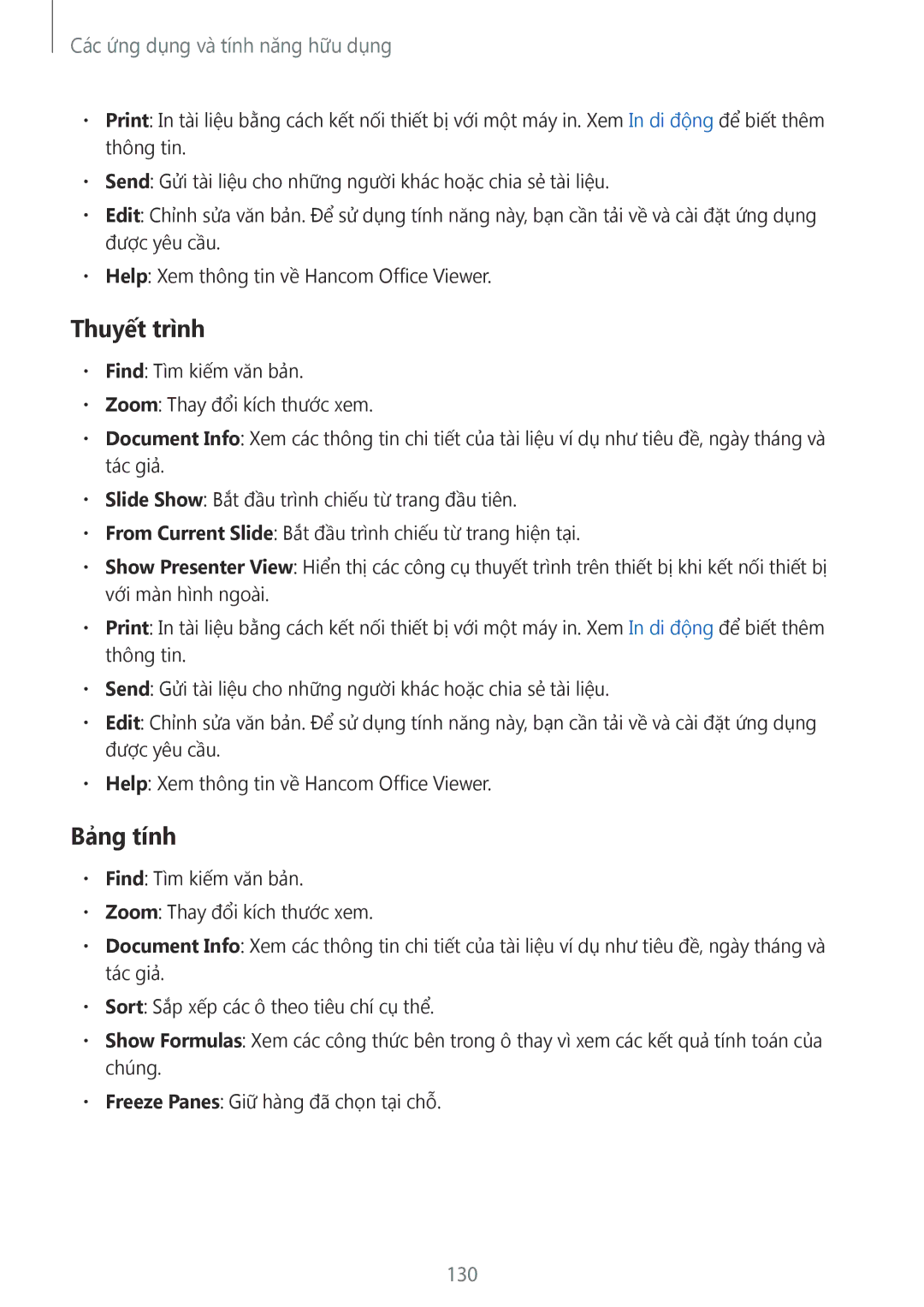 Samsung SM-T805NTSAXXV, SM-T805NZWAXXV manual Thuyết trình, Bảng tính, 130 