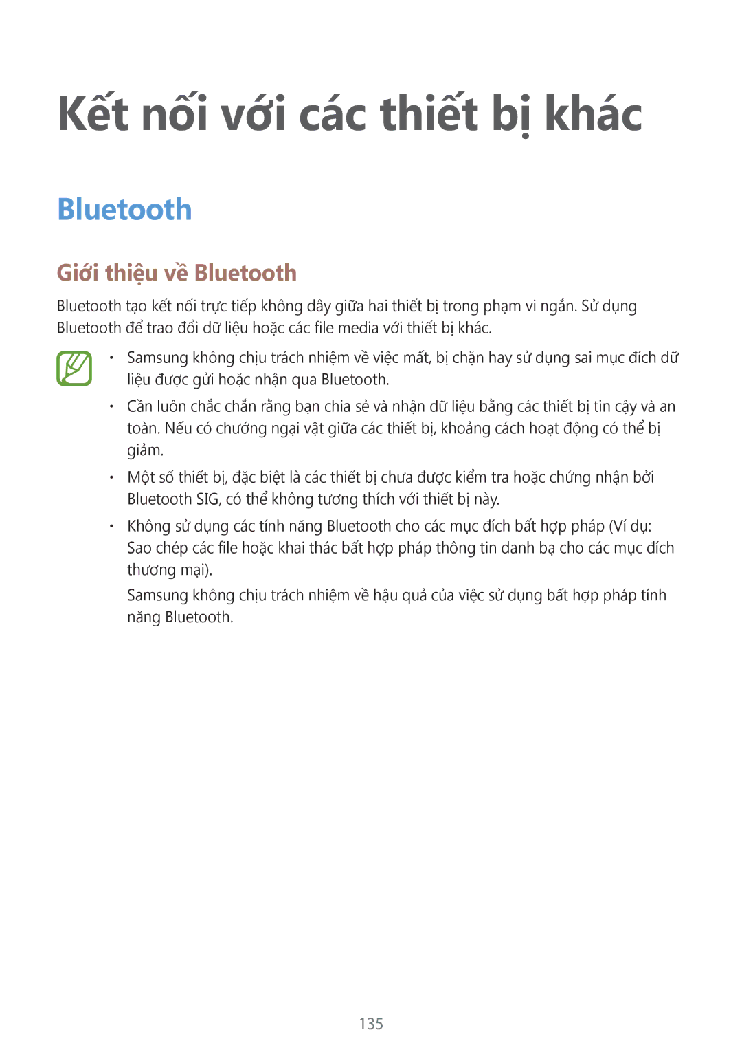 Samsung SM-T805NZWAXXV, SM-T805NTSAXXV manual Kết nối với các thiết bị khác, Giới thiệu về Bluetooth, 135 