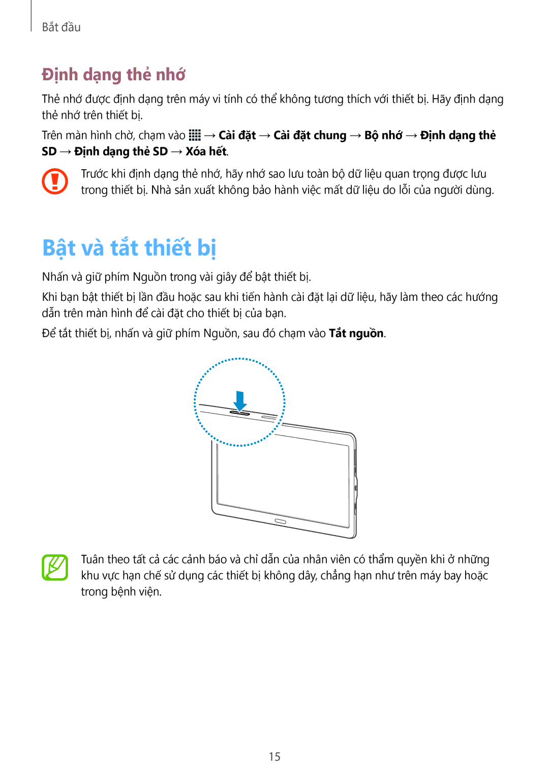 Samsung SM-T805NZWAXXV, SM-T805NTSAXXV manual Bật và tắt thiết bị, Định dạng thẻ nhớ 