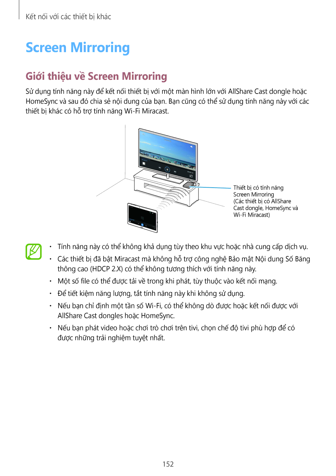 Samsung SM-T805NTSAXXV, SM-T805NZWAXXV manual Giới thiệu về Screen Mirroring, 152 