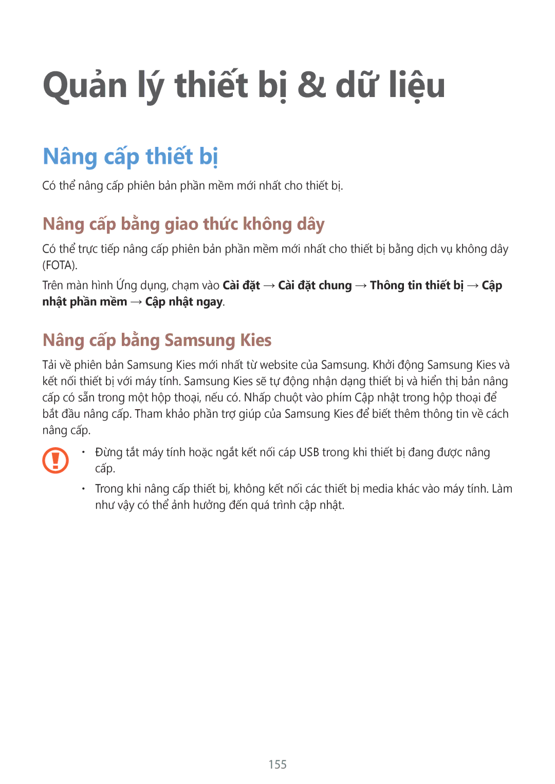 Samsung SM-T805NZWAXXV manual Quản lý thiết bị & dữ liệu, Nâng cấp thiết bị, Nâng cấp bằng giao thức không dây, 155 