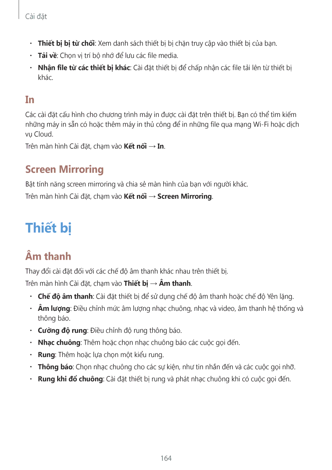 Samsung SM-T805NTSAXXV, SM-T805NZWAXXV manual Thiết bị, Screen Mirroring, Âm thanh, 164 