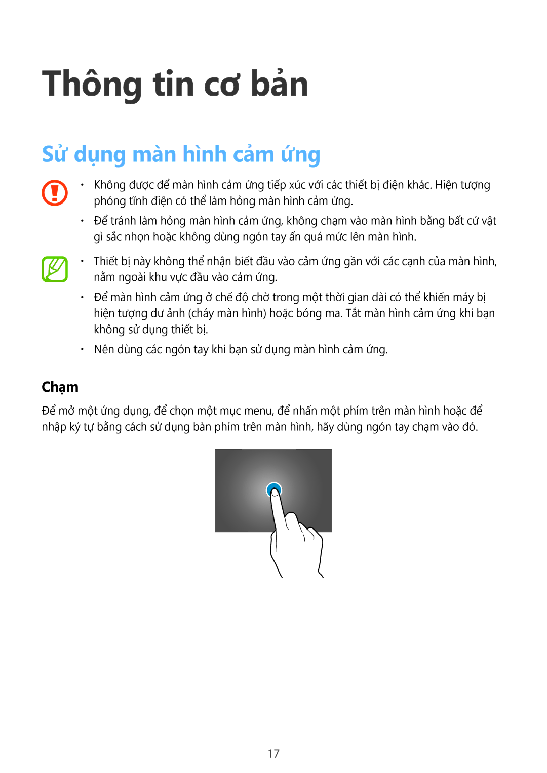 Samsung SM-T805NZWAXXV, SM-T805NTSAXXV manual Thông tin cơ bản, Sử dụng màn hình cảm ứng, Chạm 