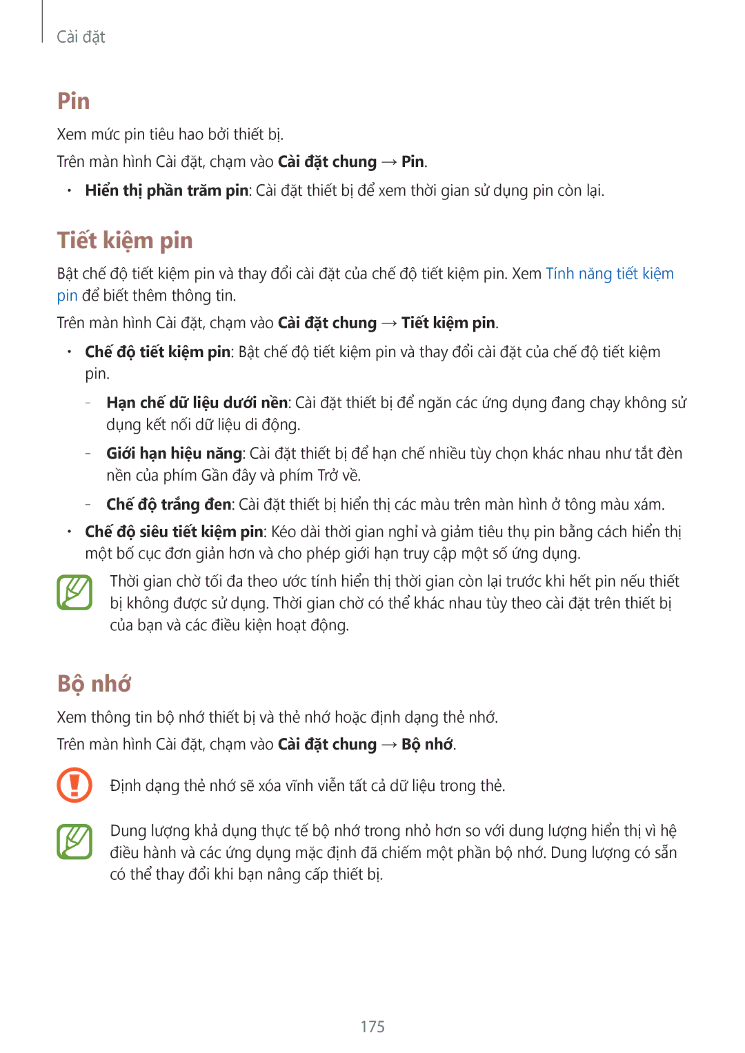 Samsung SM-T805NZWAXXV, SM-T805NTSAXXV manual Pin, Tiết kiệm pin, Bộ nhớ, 175 