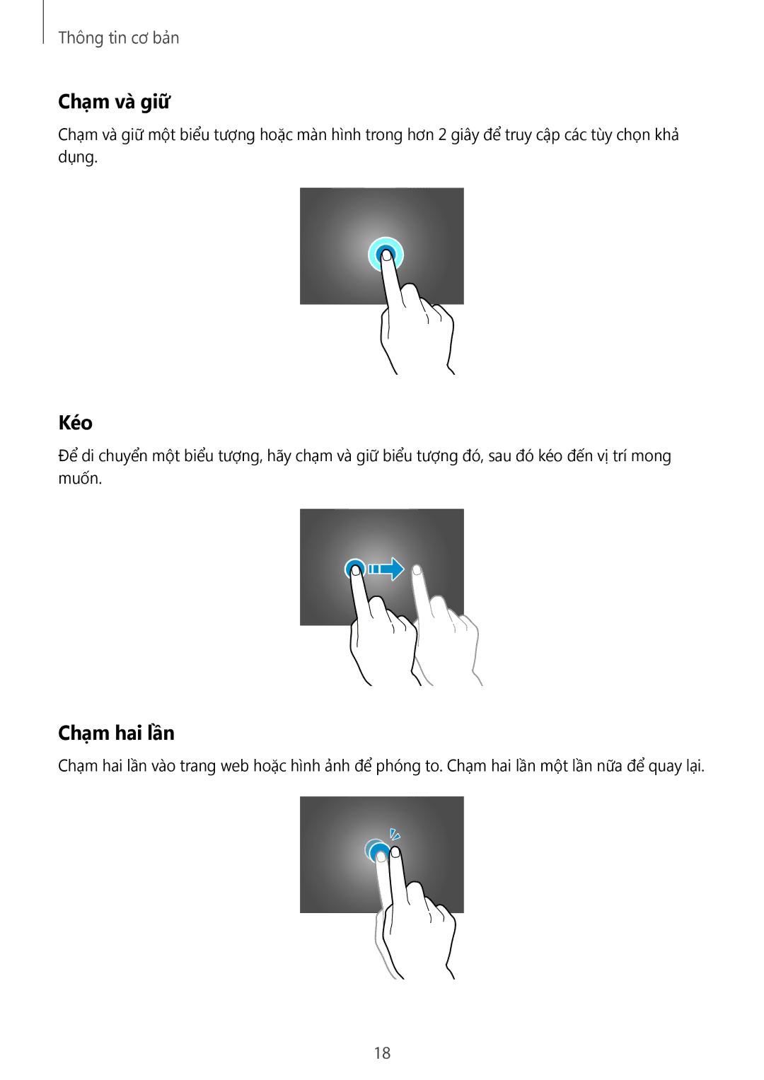 Samsung SM-T805NTSAXXV, SM-T805NZWAXXV manual Chạm và giữ, Kéo, Chạm hai lần 