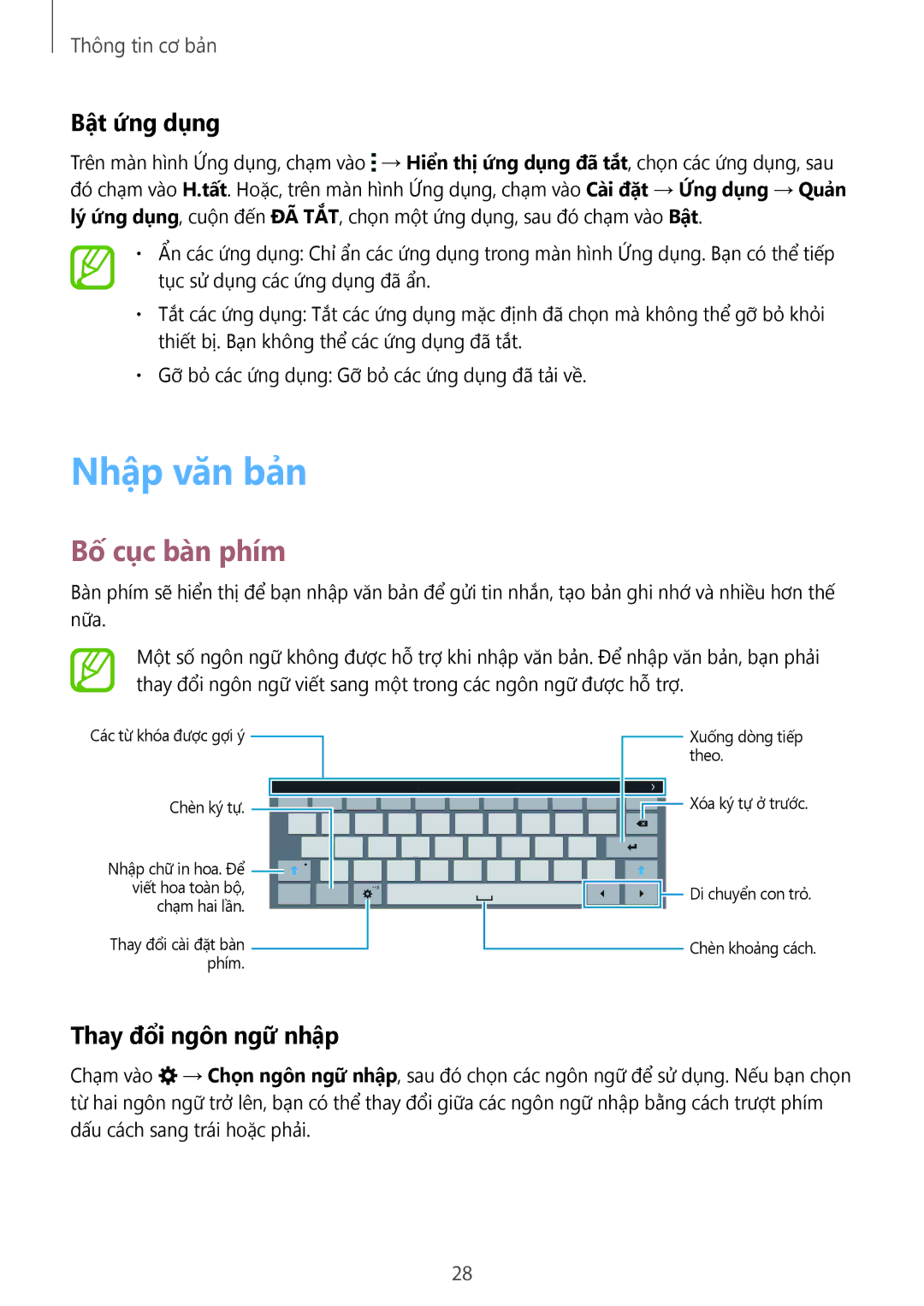 Samsung SM-T805NTSAXXV, SM-T805NZWAXXV manual Nhập văn bản, Bố cục bàn phím, Bật ứng dụng, Thay đổ̉i ngôn ngữ nhập 