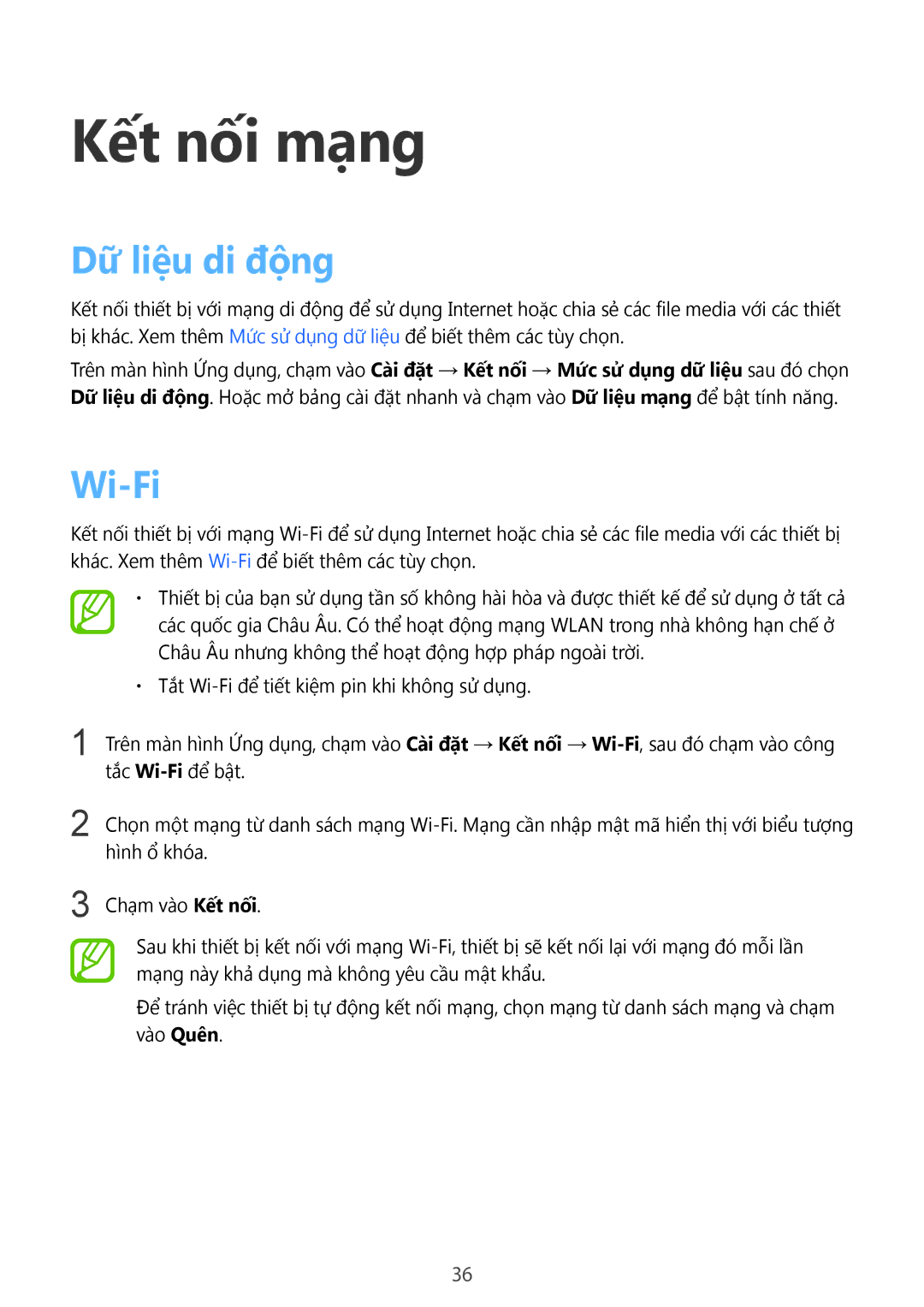 Samsung SM-T805NTSAXXV, SM-T805NZWAXXV manual Kết nối mạng, Dữ liệu di động, Wi-Fi 