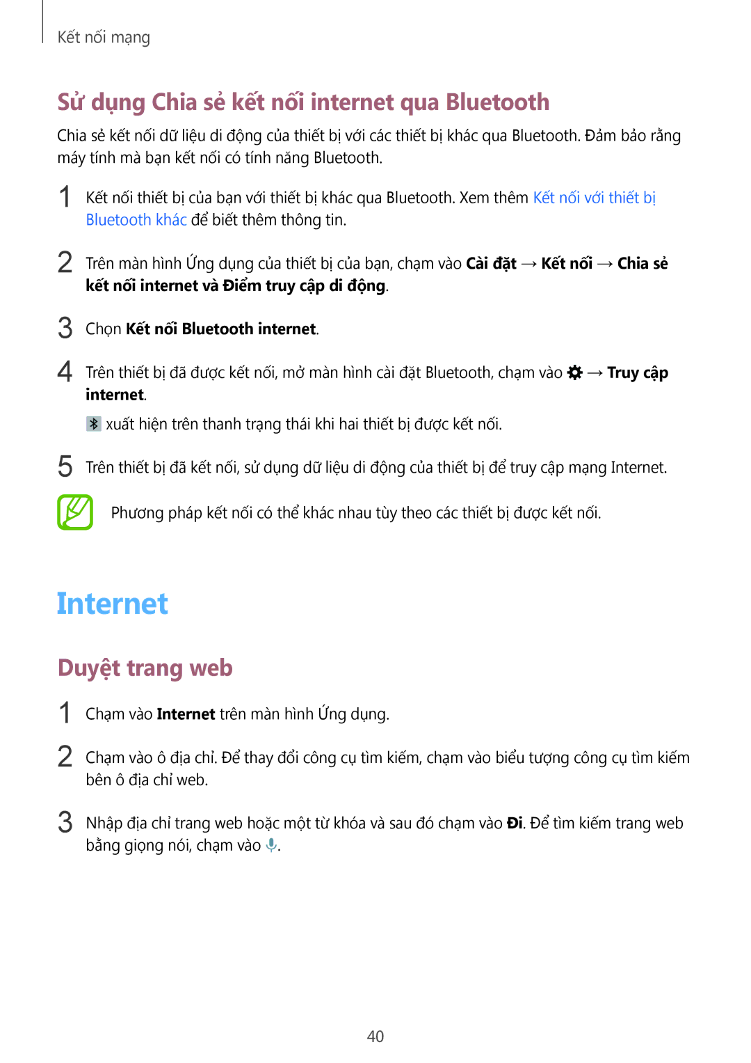 Samsung SM-T805NTSAXXV, SM-T805NZWAXXV manual Internet, Sử dụng Chia sẻ kết nối internet qua Bluetooth, Duyệt trang web 
