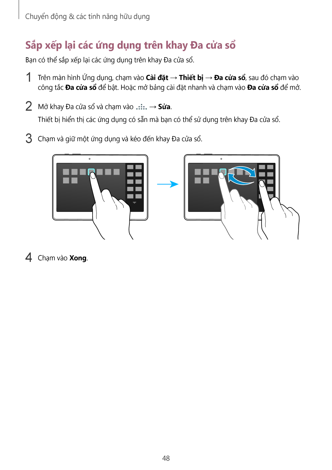 Samsung SM-T805NTSAXXV, SM-T805NZWAXXV manual Sắp xếp lại các ứng dụng trên khay Đa cửa sổ̉ 