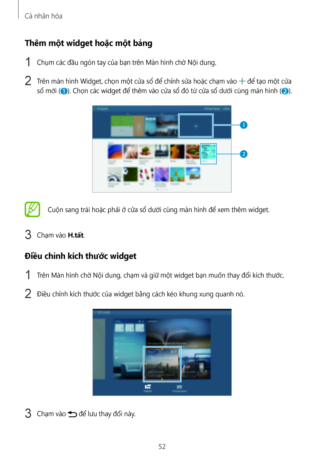 Samsung SM-T805NTSAXXV, SM-T805NZWAXXV manual Thêm một widget hoặc một bảng, Điều chỉnh kích thước widget 