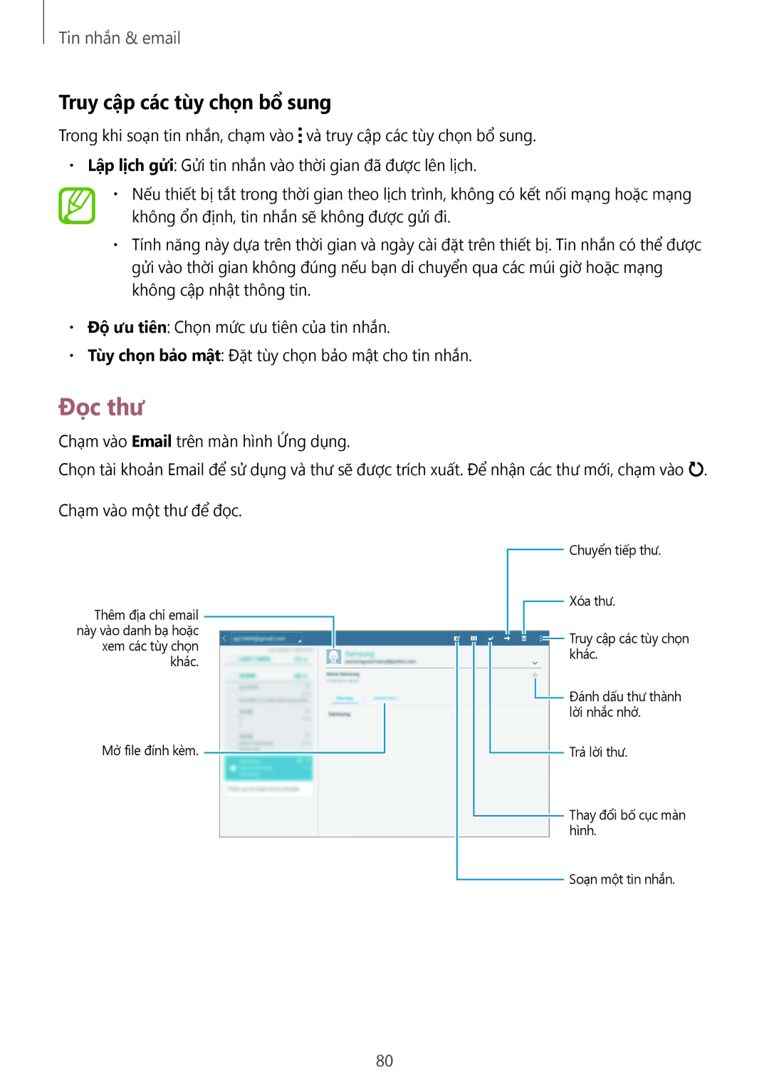 Samsung SM-T805NTSAXXV, SM-T805NZWAXXV manual Đọc thư, Truy cập các tùy chọn bổ̉ sung 
