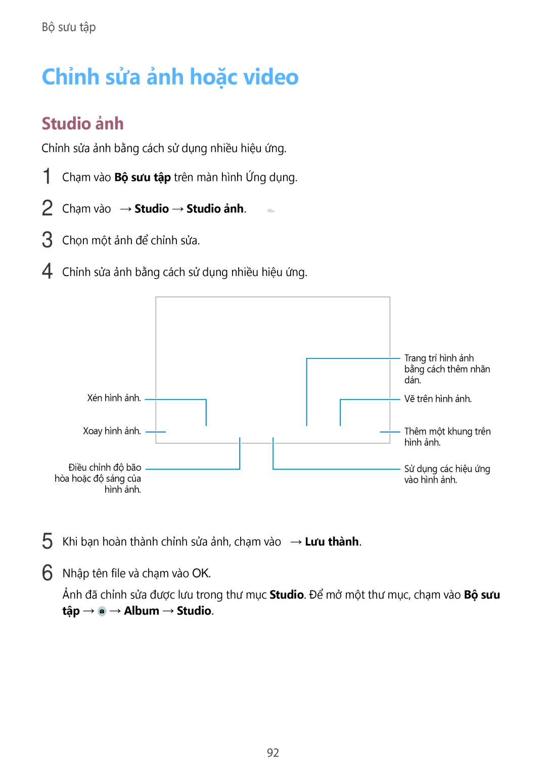 Samsung SM-T805NTSAXXV, SM-T805NZWAXXV manual Chỉnh sửa ảnh hoặc video, Studio ảnh 