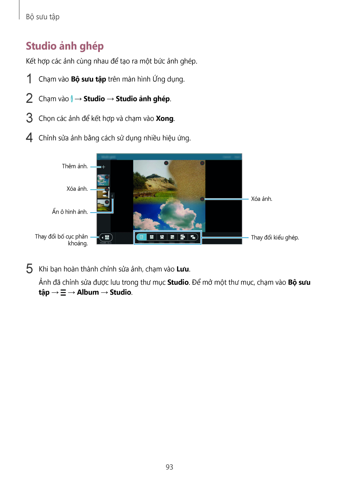 Samsung SM-T805NZWAXXV, SM-T805NTSAXXV manual Chạm vào → Studio → Studio ảnh ghép, Tập → → Album → Studio 
