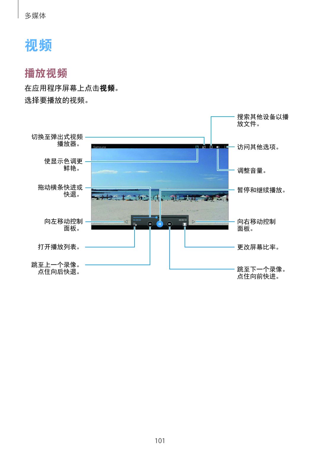 Samsung SM-T805NZWAXXV, SM-T805NTSAXXV manual 播放视频, 在应用程序屏幕上点击视频。 选择要播放的视频。 