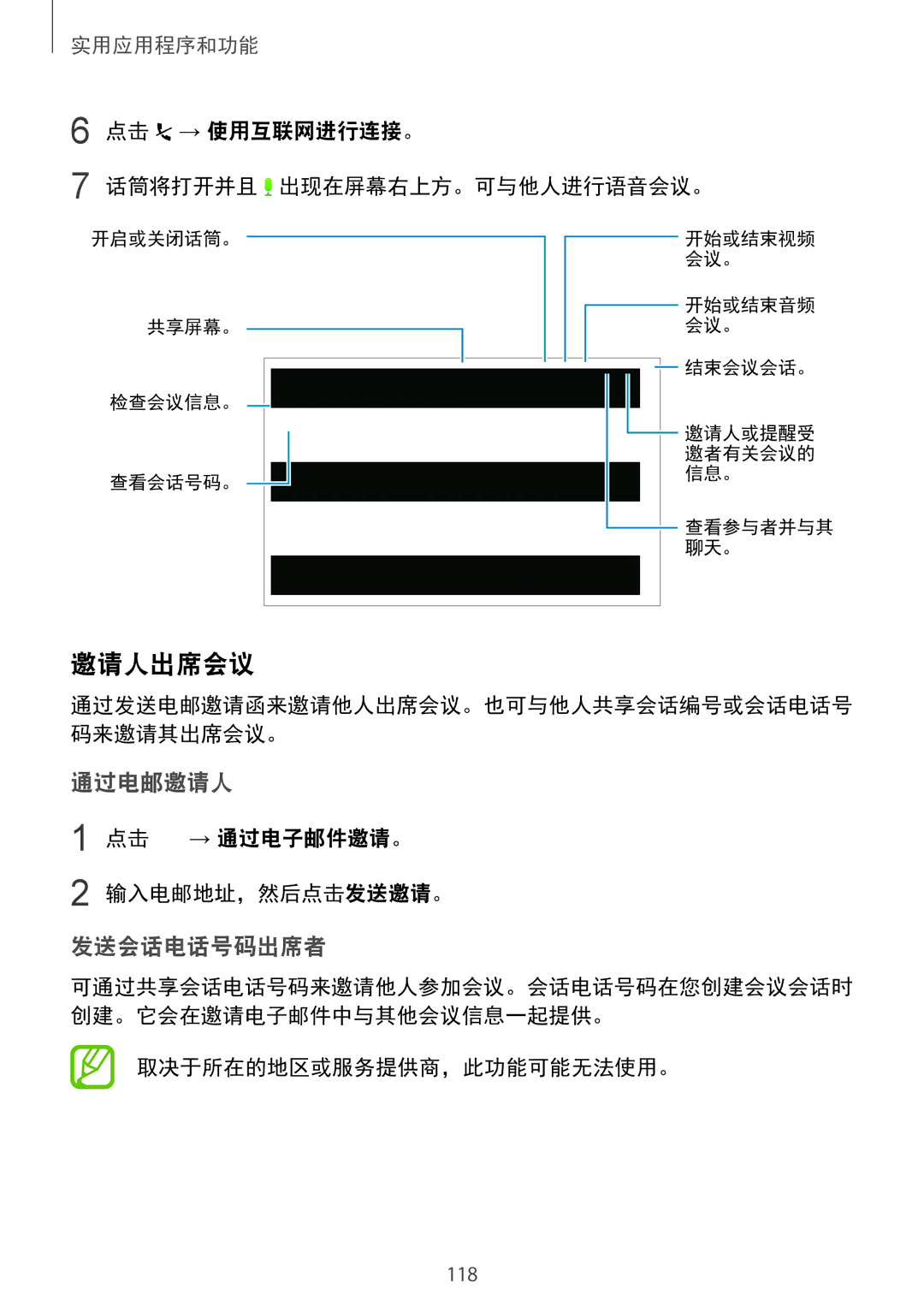 Samsung SM-T805NTSAXXV manual 邀请人出席会议, 点击 → 使用互联网进行连接。 话筒将打开并且 出现在屏幕右上方。可与他人进行语音会议。, 点击 → 通过电子邮件邀请。 输入电邮地址，然后点击发送邀请。 