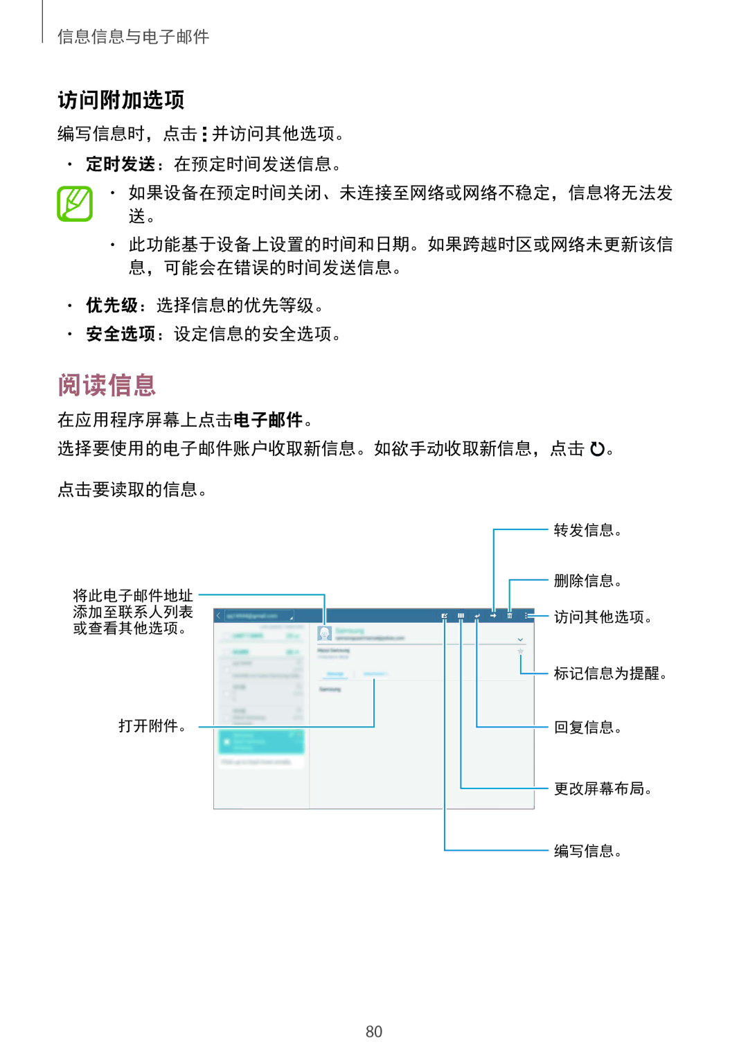 Samsung SM-T805NTSAXXV, SM-T805NZWAXXV 阅读信息, 访问附加选项, 编写信息时，点击 并访问其他选项。 定时发送：在预定时间发送信息。, 优先级：选择信息的优先等级。 安全选项：设定信息的安全选项。 