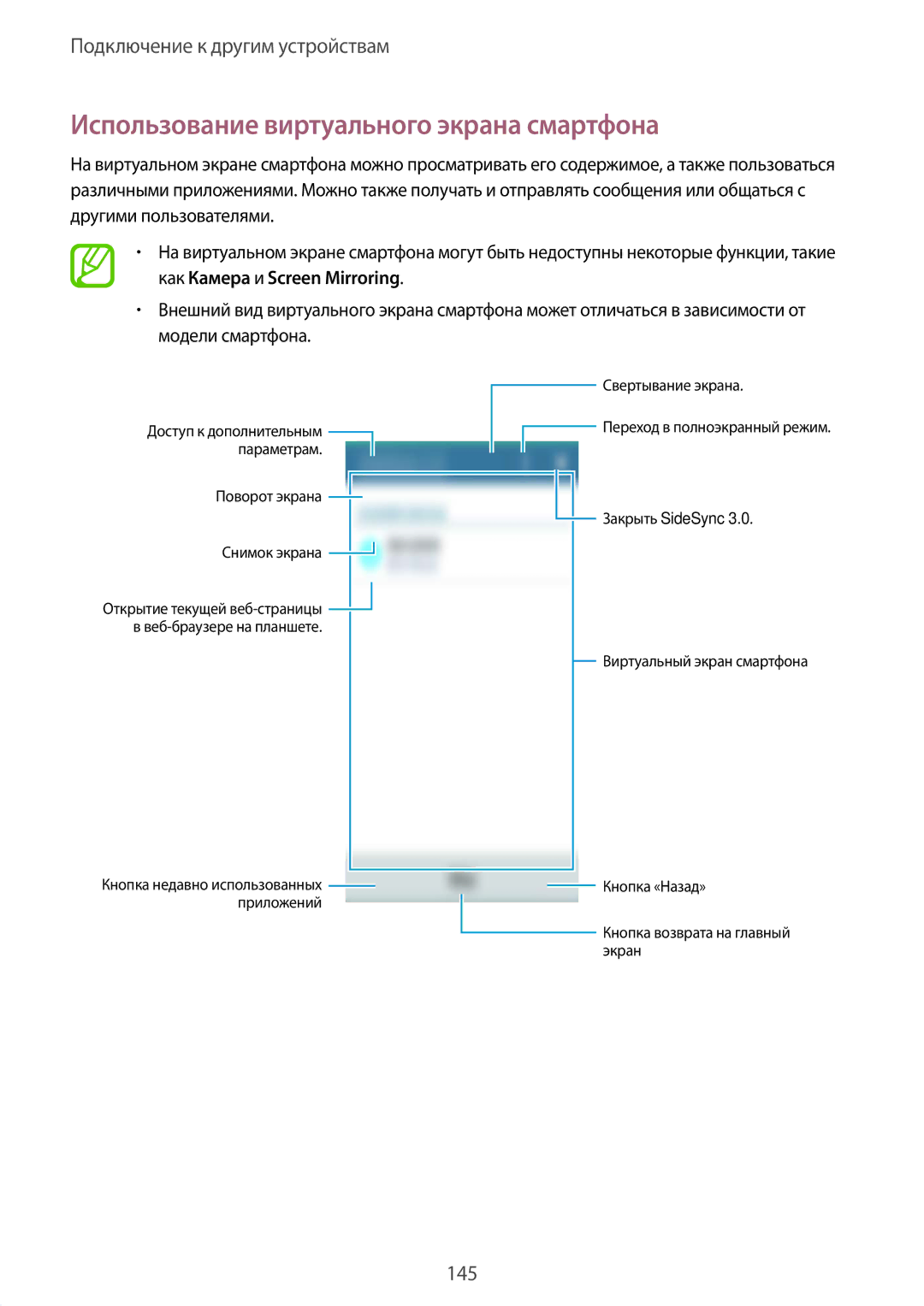 Samsung SM-T805NTSASEB, SM-T805NZWASEB, SM-T805NHAASEB manual Использование виртуального экрана смартфона, Закрыть SideSync 