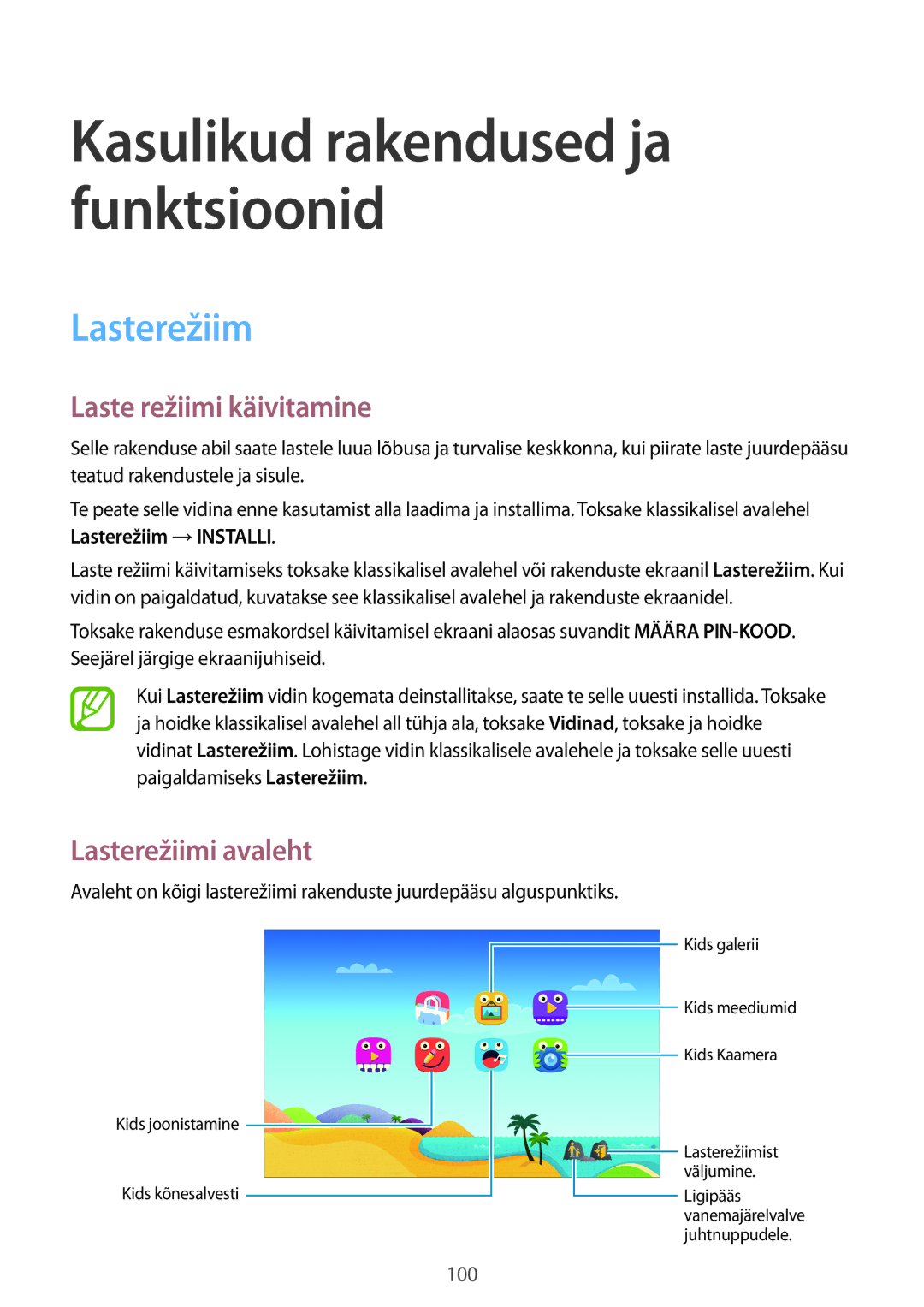 Samsung SM-T805NTSASEB, SM-T805NZWASEB, SM-T805NHAASEB manual Laste režiimi käivitamine, Lasterežiimi avaleht 