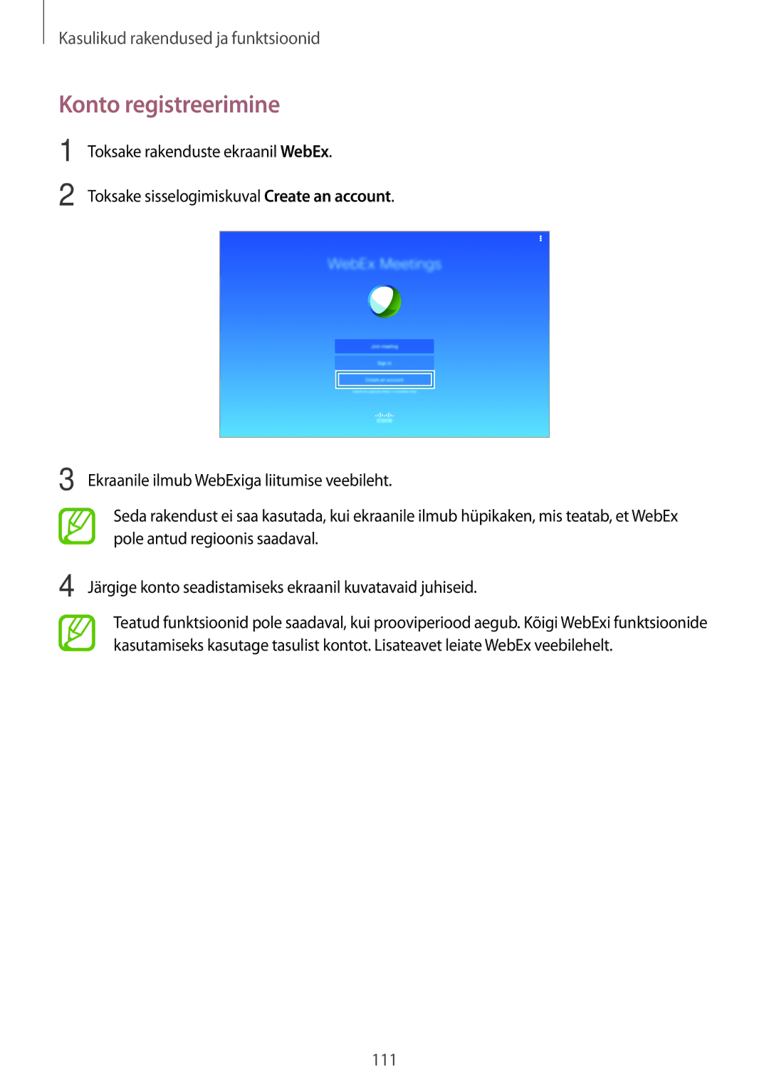 Samsung SM-T805NZWASEB, SM-T805NTSASEB, SM-T805NHAASEB manual Konto registreerimine 