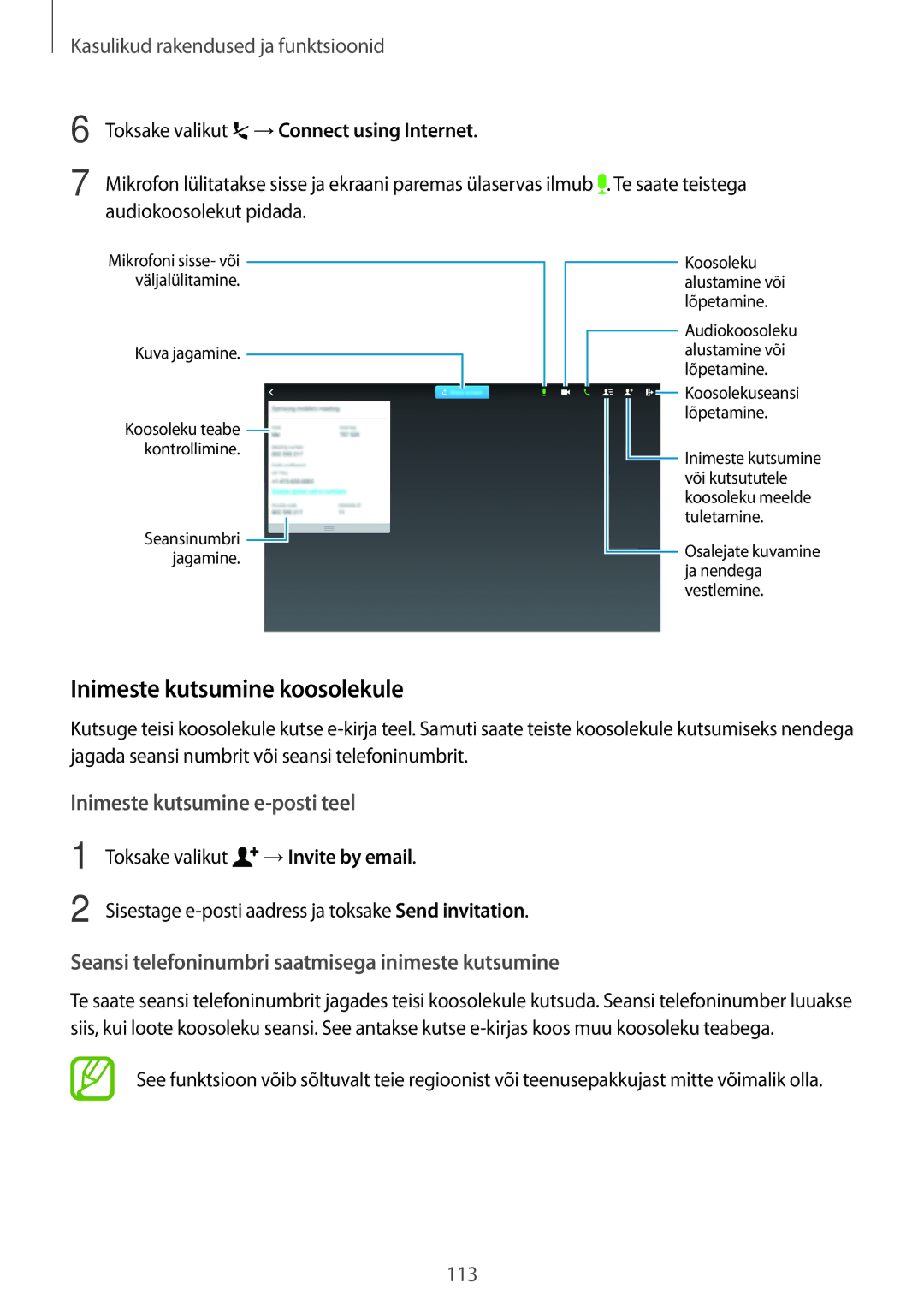 Samsung SM-T805NHAASEB, SM-T805NZWASEB manual Inimeste kutsumine koosolekule, Toksake valikut →Connect using Internet 